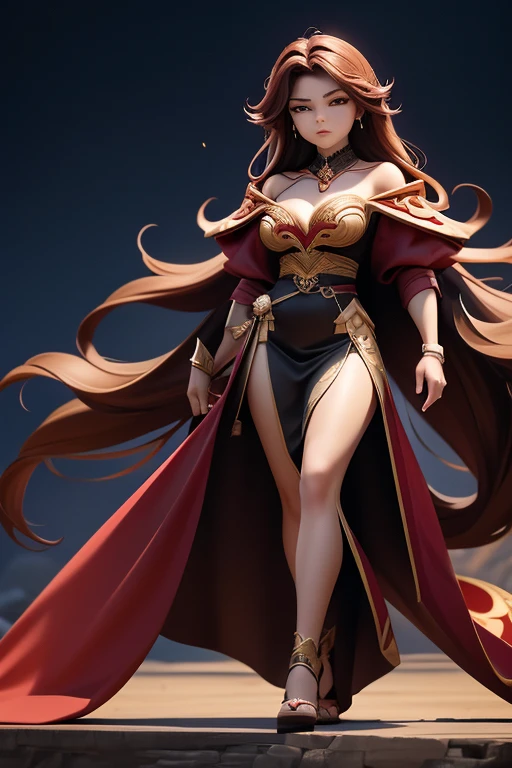 Ballroom, red evening dress with white fur trim, long brown hair with bangs, open toe black high heels, long brown fox ears with dark inner fur, kitsune, 9 long fluffy brown fox tails, dancing, looking at viewer, tall, slender, full body shot, large bust, mature look, large amber eyes, pretty angular face, smirking expression, long legs, wearing black gloves, outstretched fingers spread apart, more tails, large eyes, amber eyes