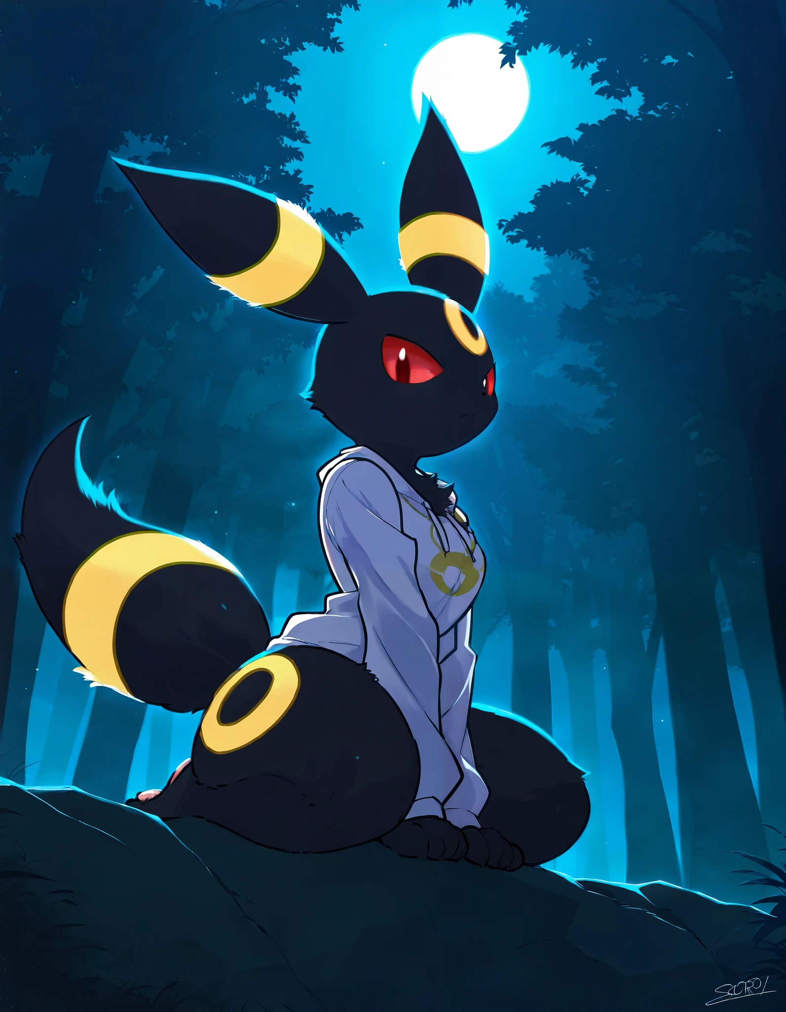 1girl,anthro, umbreon, black body fur, gold markings, pokemon, red eyes, fluffy fur, at night, moonlight, forest, detailed background, best quality, clothing, 1 tail