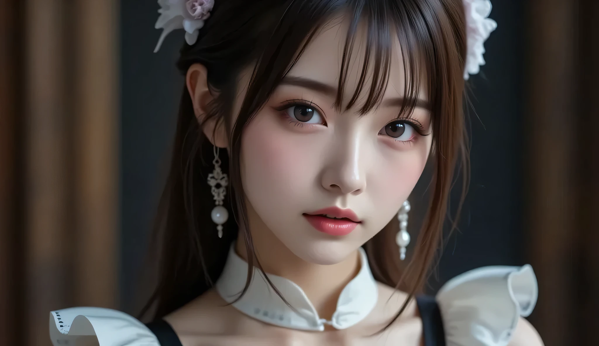 8k, ultra high definition , best quality , Masterpiece,rule of thirds,golden ratio, Surreal,photograph, one woman ,( girl :1.3), cute, cute face, Beautiful eyes in every detail, Details, Mature Woman , princess,extream close up,smile, black hair,Low ponytail,ID photo,future, Brutal Cyberpunk Women , luxurious and beautiful , ( basement), skirt , shirt, Long Sleeve , frills, An evil smile that hurts your butt , Creepy, candle, hair accessories , (doll), Tapestry, horror theme , 20 years old, Tearful mole, earrings, short medium hair ,( Victorian : 1.2), delicate detail, Detailed face,anger, charming eyes,(portrait photograph:1.4), fantasy art ,( beautiful faces:1.4),beautiful and charming eyes 、 beautiful eyes,Silver Remaining,( thin waist:1.4)、( Beautiful :1.4), pink lips, profile,((( ideal body shape))),Small bust, A Cup :2,、 portrait:2、 Complete anatomy 、Vivid Details、 Details, thin lips,Perfect with beautiful faces ,完璧で cute face, Meticulous Skin , Perfect Limbs 、 thin waist, Surreal,Light and Dark, Fashion Magazine Cover,glowing