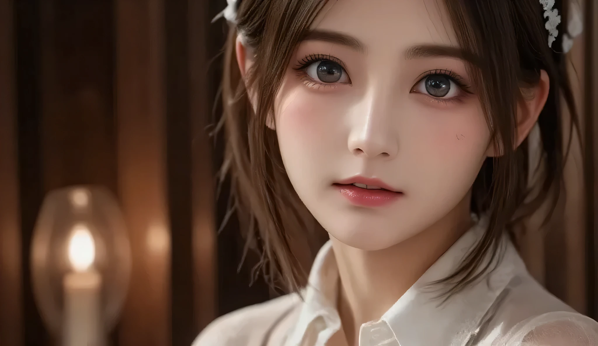 8k, ultra high definition ,   best quality , Masterpiece,rule of thirds,golden ratio, Surreal,photograph,  one woman ,(  girl :1.3), cute, cute face, Beautiful eyes in every detail, Details, Mature Woman , princess,extream close up,smile, black hair,Low ponytail,ID photo,future, Brutal Cyberpunk Women , luxurious and beautiful , (  basement),   skirt  ,   shirt,   Long Sleeve  , frills,   An evil smile that hurts your  ,  Creepy,   candle,   hair accessories , (doll), Tapestry,   horror theme , 20 years old, Tearful mole,   earrings,  short medium hair ,( Victorian : 1.2), delicate detail,   Detailed face,anger,  charming eyes,(portrait photograph:1.4),  fantasy art  ,(  beautiful faces:1.4),beautiful and charming eyes 、  beautiful eyes,Silver Remaining,(  thin waist:1.4)、( Beautiful :1.4),  pink lips, profile,(((  ideal body shape))),Small bust, A Cup :2,、 portrait:2、  Complete  、Vivid Details、  Details, thin lips,Perfect with beautiful faces ,完璧で cute face,   Meticulous Skin  ,  Perfect Limbs 、  thin waist,  Surreal,Light and Dark,  Fashion Magazine Cover,glowing