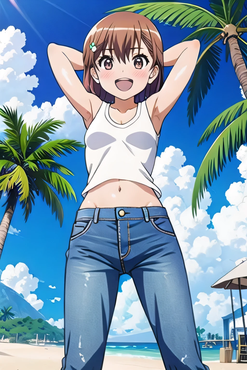 masterpiece,best quality,ultra detail, ((Perfect Face, Perfect Arms, Perfect hands, Perfect Fingers)), 1girl, , peti ((round face, ecstasy, orgasm face, drooping eyes, shame smiling, blush)), dropping eyes, sleepy, Open mouth, White teeth, background((under the beach, (day:1.2), palm tree, bright sky)), mikoto misaka, short hair, brown hair, hair ornament, hair flower, brown eyes, ((arms behind head, hands behind head, fingers behind head)), contrapposto, spread armpits, looking at viewer,, (white tank top:1.2), (white crop top:1.2), (jeans pants:1.2, flares jeans:1.2, skinny jeans:1.2, blue jeans:1.2), standing, (legs spread:1.2), sex pose, Sweaty crotch, Steam from the crotch, from below, ((full medium body))