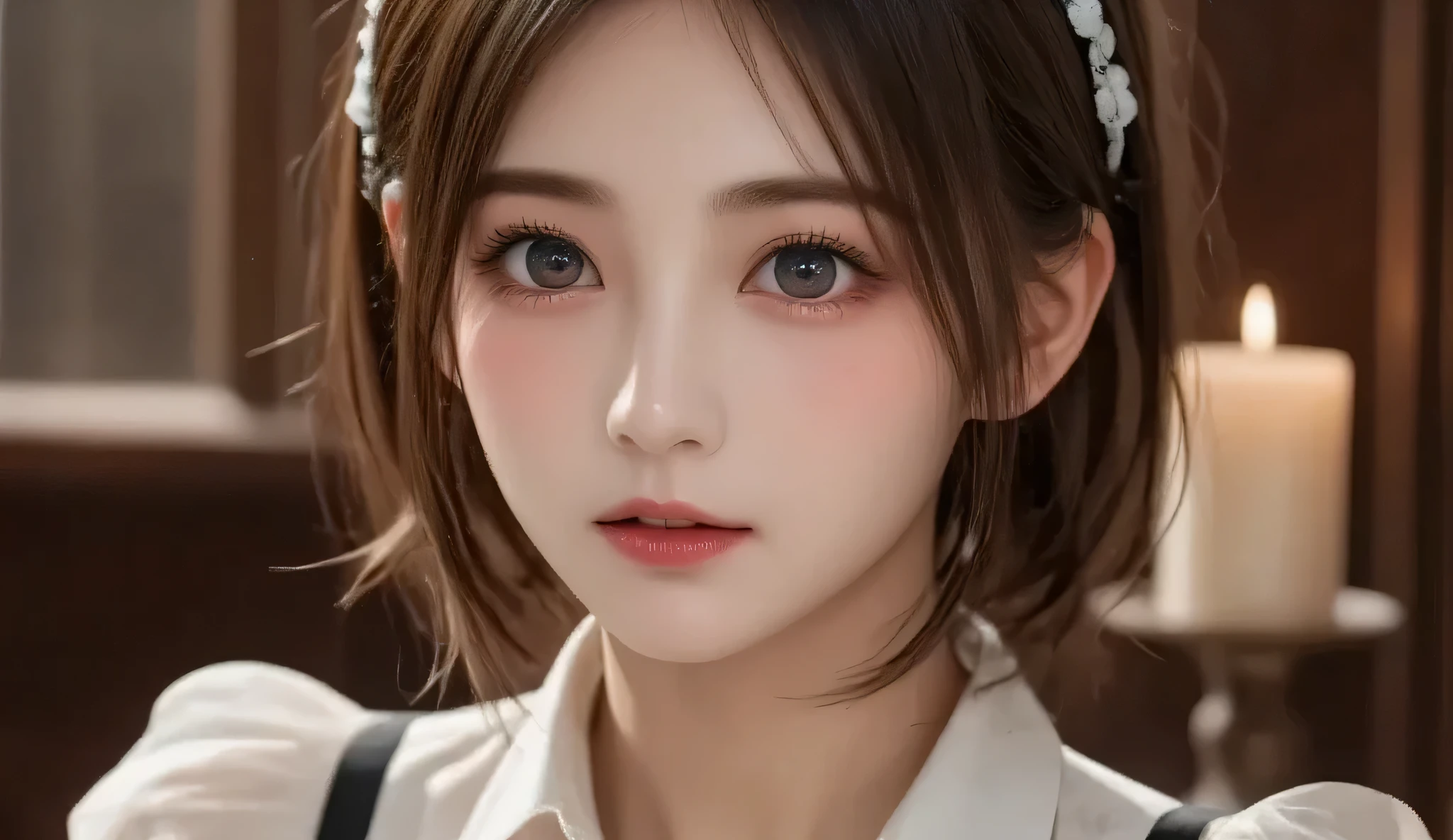 8k, ultra high definition , best quality , Masterpiece,rule of thirds,golden ratio, Surreal,photograph, one woman ,( girl :1.3), cute, cute face, Beautiful eyes in every detail, Details, Mature Woman , princess,extream close up,smile, black hair,Low ponytail,ID photo,future, Brutal Cyberpunk Women , luxurious and beautiful , ( basement), skirt , shirt, Long Sleeve , frills, An evil smile that hurts your butt , Creepy, candle, hair accessories , (doll), Tapestry, horror theme , 20 years old, Tearful mole, earrings, short medium hair ,( Victorian : 1.2), delicate detail, Detailed face,anger, charming eyes,(portrait photograph:1.4), fantasy art ,( beautiful faces:1.4),beautiful and charming eyes 、 beautiful eyes,Silver Remaining,( thin waist:1.4)、( Beautiful :1.4), pink lips, profile,((( ideal body shape))),Small bust, A Cup :2,、 portrait:2、 Complete anatomy 、Vivid Details、 Details, thin lips,Perfect with beautiful faces ,完璧で cute face, Meticulous Skin , Perfect Limbs 、 thin waist, Surreal,Light and Dark, Fashion Magazine Cover,glowing