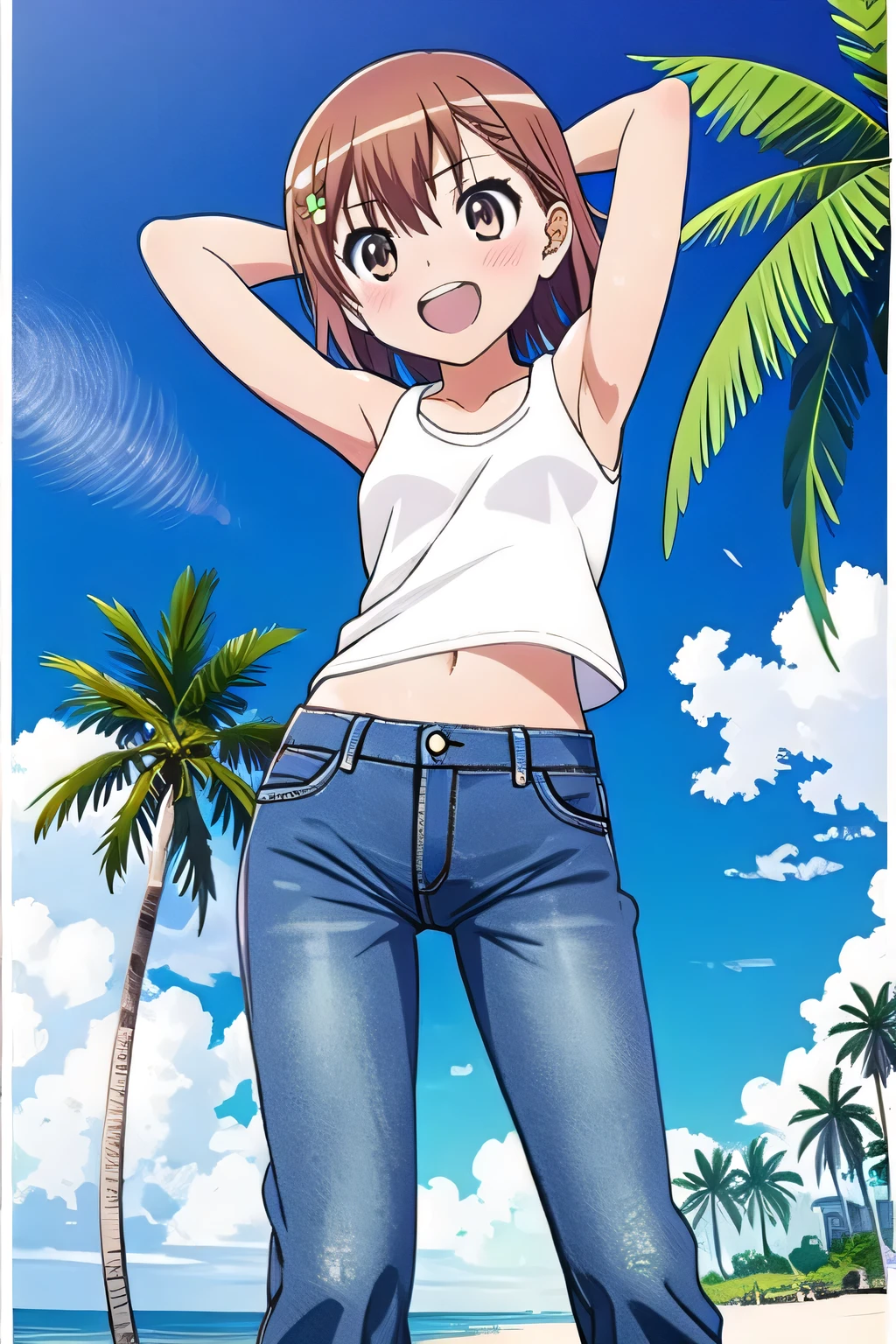 masterpiece,best quality,ultra detail, ((Perfect Face, Perfect Arms, Perfect hands, Perfect Fingers)), 1girl, , peti ((round face, ecstasy, orgasm face, drooping eyes, shame smiling, blush)), dropping eyes, sleepy, Open mouth, White teeth, background((under the beach, (day:1.2), palm tree, bright sky)), mikoto misaka, short hair, brown hair, hair ornament, hair flower, brown eyes, ((arms behind head, hands behind head, fingers behind head)), contrapposto, spread armpits, looking at viewer,, (white tank top:1.2), (white crop top:1.2), (jeans pants:1.2, flares jeans:1.2, skinny jeans:1.2, blue jeans:1.2), standing, (legs spread:1.2), sex pose, Sweaty crotch, Steam from the crotch, from below, ((full medium body))