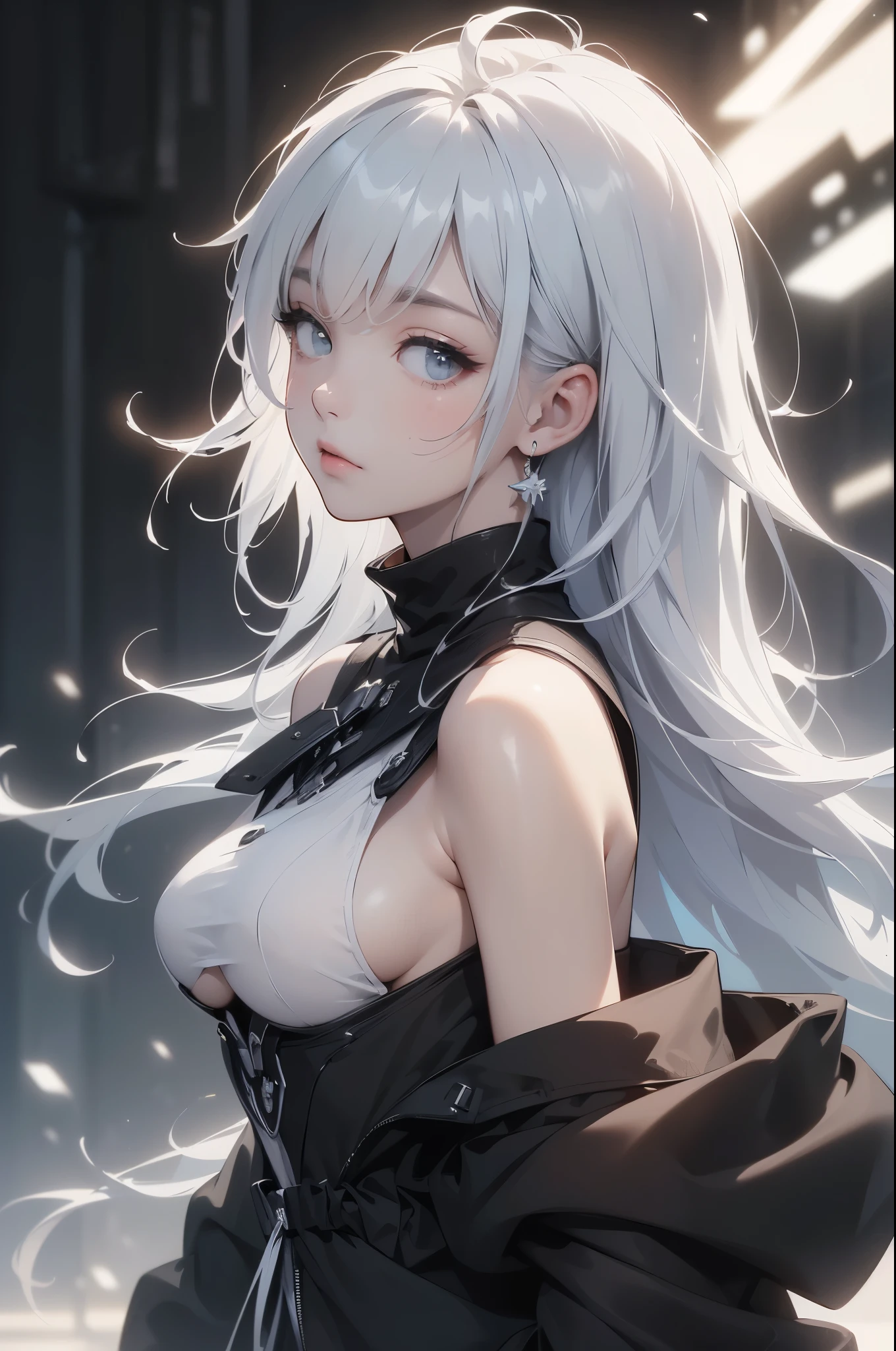 (Image from chest up:1.4)((masterpiece:1.5,Highest quality,Beautiful images、2.8D illust、Abstract、artistic、Portraiture, black and white theme))(one person, Alone, white Hair)(Medium chest, (underboob:1.2)、Shoulders hidden by clothing, turtleneck clothes)(Profile Portrait,Look at me sideways、Look at an angle、shake your head、Sad look, Floating Hair)(Monotone artistic background、Plain background)((From the side:1.5)),
