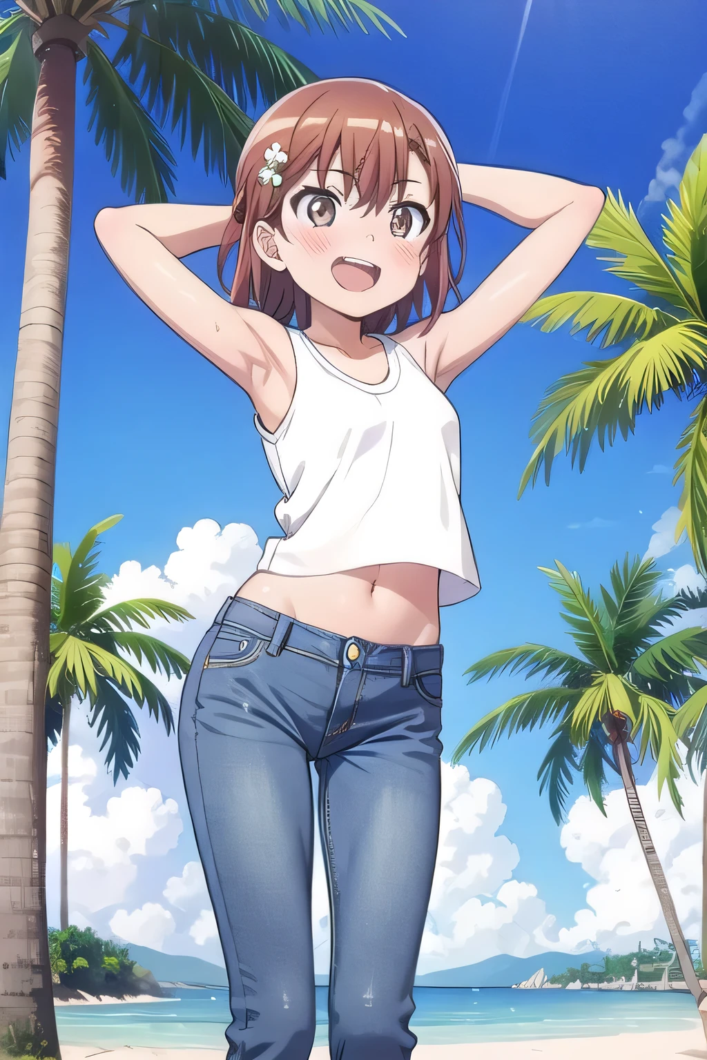 masterpiece,best quality,ultra detail, ((Perfect Face, Perfect Arms, Perfect hands, Perfect Fingers)), 1girl, , peti ((round face, ecstasy, orgasm face, drooping eyes, shame smiling, blush)), dropping eyes, sleepy, Open mouth, White teeth, background((under the beach, (day:1.2), palm tree, bright sky)), mikoto misaka, short hair, brown hair, hair ornament, hair flower, brown eyes, ((arms behind head, hands behind head, fingers behind head)), contrapposto, spread armpits, looking at viewer,, (white tank top:1.2), (white crop top:1.2), (jeans pants:1.2, flares jeans:1.2, skinny jeans:1.2, blue jeans:1.2), standing, (legs spread:1.2), sex pose, Sweaty crotch, Steam from the crotch, from below, ((full medium body))