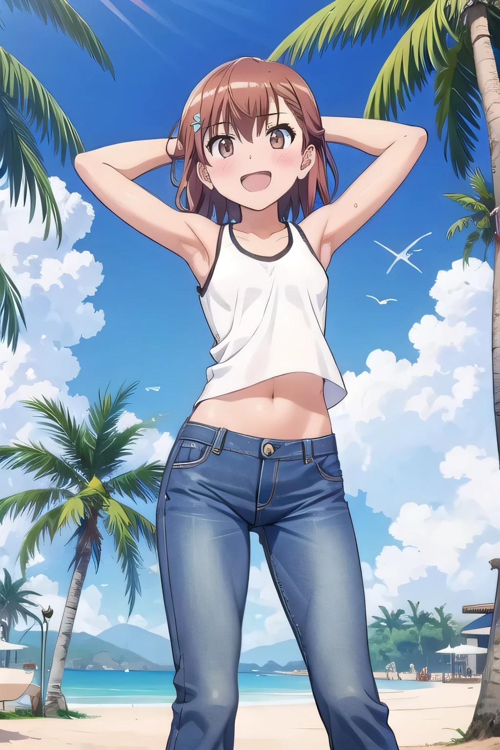 masterpiece,best quality,ultra detail, ((Perfect Face, Perfect Arms, Perfect hands, Perfect Fingers)), 1girl, , peti ((round face, ecstasy, orgasm face, drooping eyes, shame smiling, blush)), dropping eyes, sleepy, Open mouth, White teeth, background((under the beach, (day:1.2), palm tree, bright sky)), mikoto misaka, short hair, brown hair, hair ornament, hair flower, brown eyes, ((arms behind head, hands behind head, fingers behind head)), contrapposto, spread armpits, looking at viewer,, (white tank top:1.2), (white crop top:1.2), (jeans pants:1.2, flares jeans:1.2, skinny jeans:1.2, blue jeans:1.2), standing, (legs spread:1.2), sex pose, Sweaty crotch, Steam from the crotch, from below, ((full medium body))