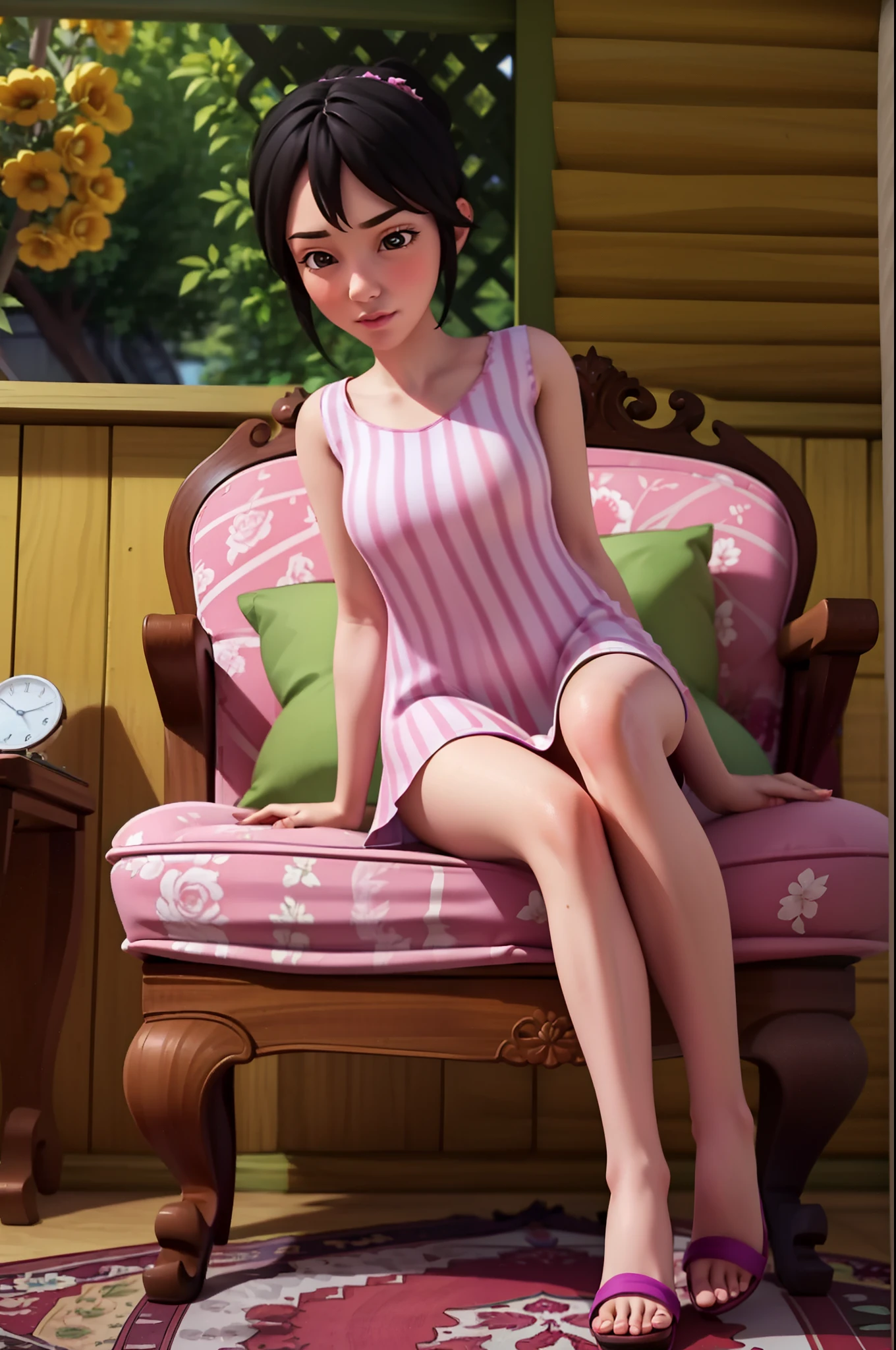 photorealistic, 1girl, woman, wearing a mini beautiful nightgown, full body,, relaxing at home, heels