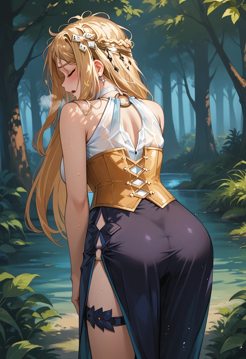 ((best quality)), ((masterpiece)), (detailed), 1girl, (big forhead:1.2),extremely detailed cute anime face, (((flat chest))), (flat chest:1.1),((((long twin braids,tight braids,long braid,braided hair,long hair)))),intricate eyes,beautiful detailed eyes,symmetrical eyes,(((detailed face))),beautiful detailed lips, looking at this, (((embarrassed))),(horrified expression),(panic),(crying),highres,(best quality),(ultra detailed,extremely detailed),perfect face details, ((masterpiece:1.4, best quality))+, (ultra detailed)+, long twintails, cute girl, (flat chest:1.1), small breasts, slim body, skinny, (narrow hips), prominent collarbones, skinny arms, flat stomach, visible hip bones, long hair, red hair, white hair, blonde hair, dark hair, ponytail, thick ponytail, heavy ponytail, small breasts, perfect face, small breasts (flat chest:1.1), NSFW, long revealing gown,Detailed body,Full limbs,(from behind), (turning), NSFW, (flat chest:1.1), wild environment, jungle, nature