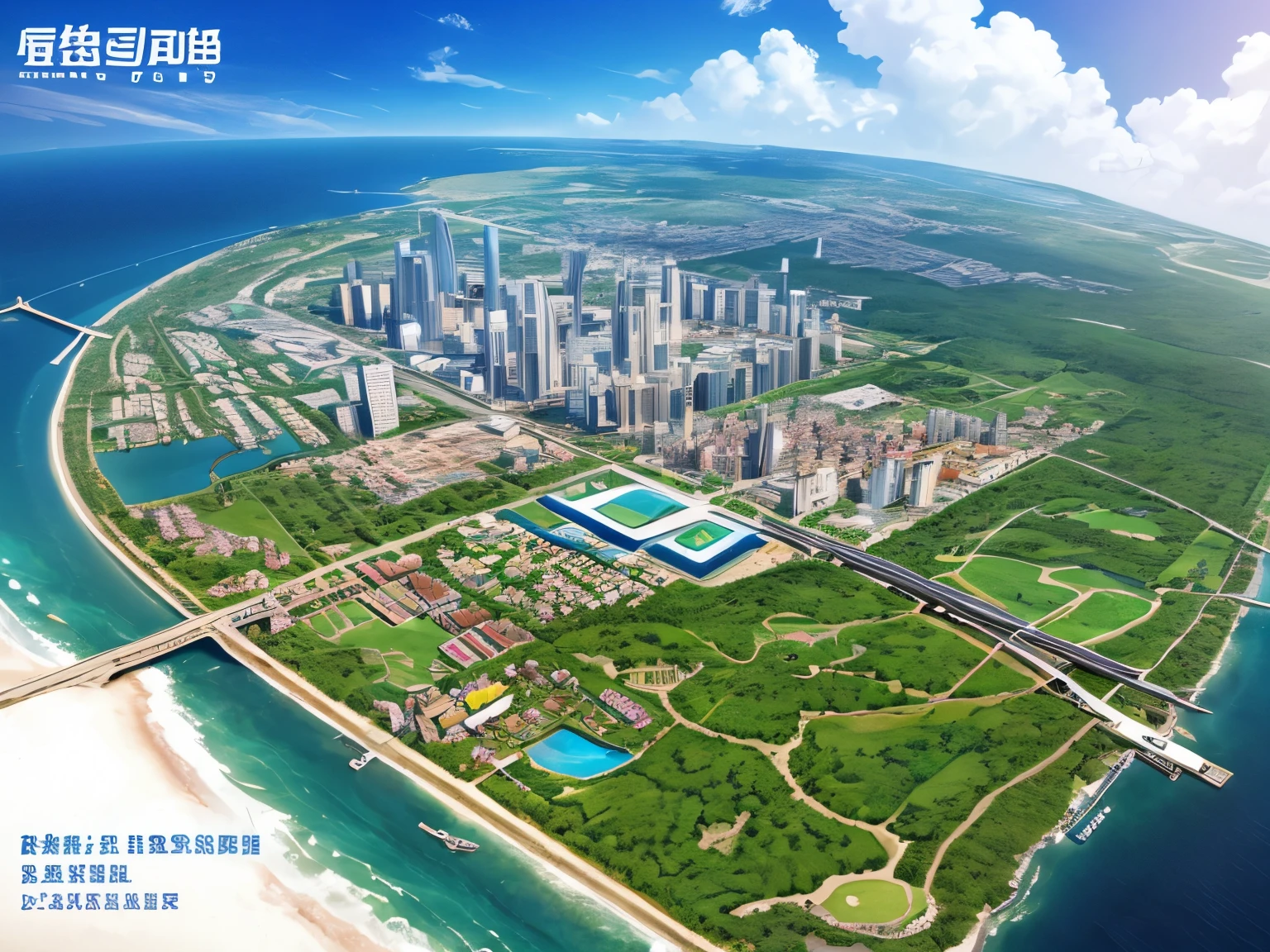 Highest Image Quality、Drawn in、3d、real-life city 、Aerial photo、 fantasy map