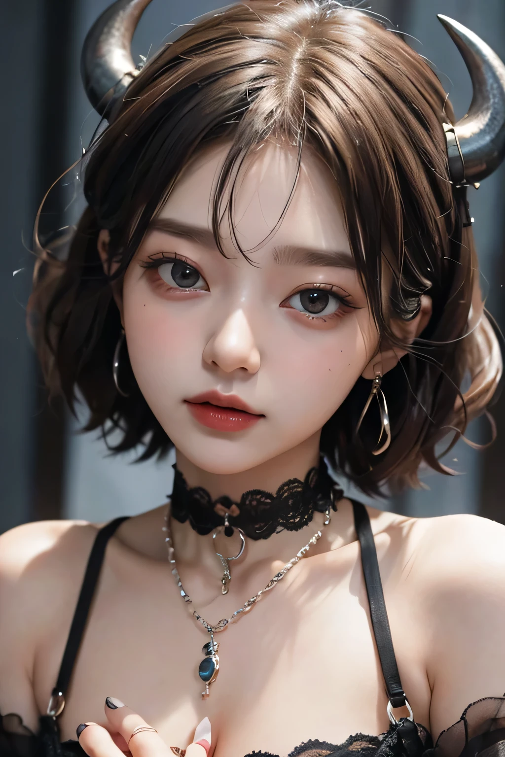 ( best quality :1.3)、( The Greatest Masterpiece:1.3)、 Highest Image Quality、RAW、( perfect body beauty :1.2)、(Night Scene:1.3)、( black dress :1.3)、( luxurious room:1.2)、( chain on hand:1.2)、 Highly Detailed Face and Skin Textures 、 detailed eyes、double eyelids、 short hair、 boyish、 unisex、 big eyes、 necklace、(( one woman))、 bracelet、 earrings、 choker、ring、chain accessories、chain、Thick chain collar、(restrain with chains)、((fall to the dark side))、((Evil Princess ))、(( cleavage in years))、 off shoulder、(palace)、(( fantasy castle))、((Devil's Bride))、((Demon Princess))、(Blushing:1.4)、( sexual arousal:1.3)、( looking at camera )、(chain choker)、(Little devil horns)、((devilize))、(assimilation by the devil)、sexy、((Sex Appeal))、Eros、Sensual、Alluring、 looking at camera