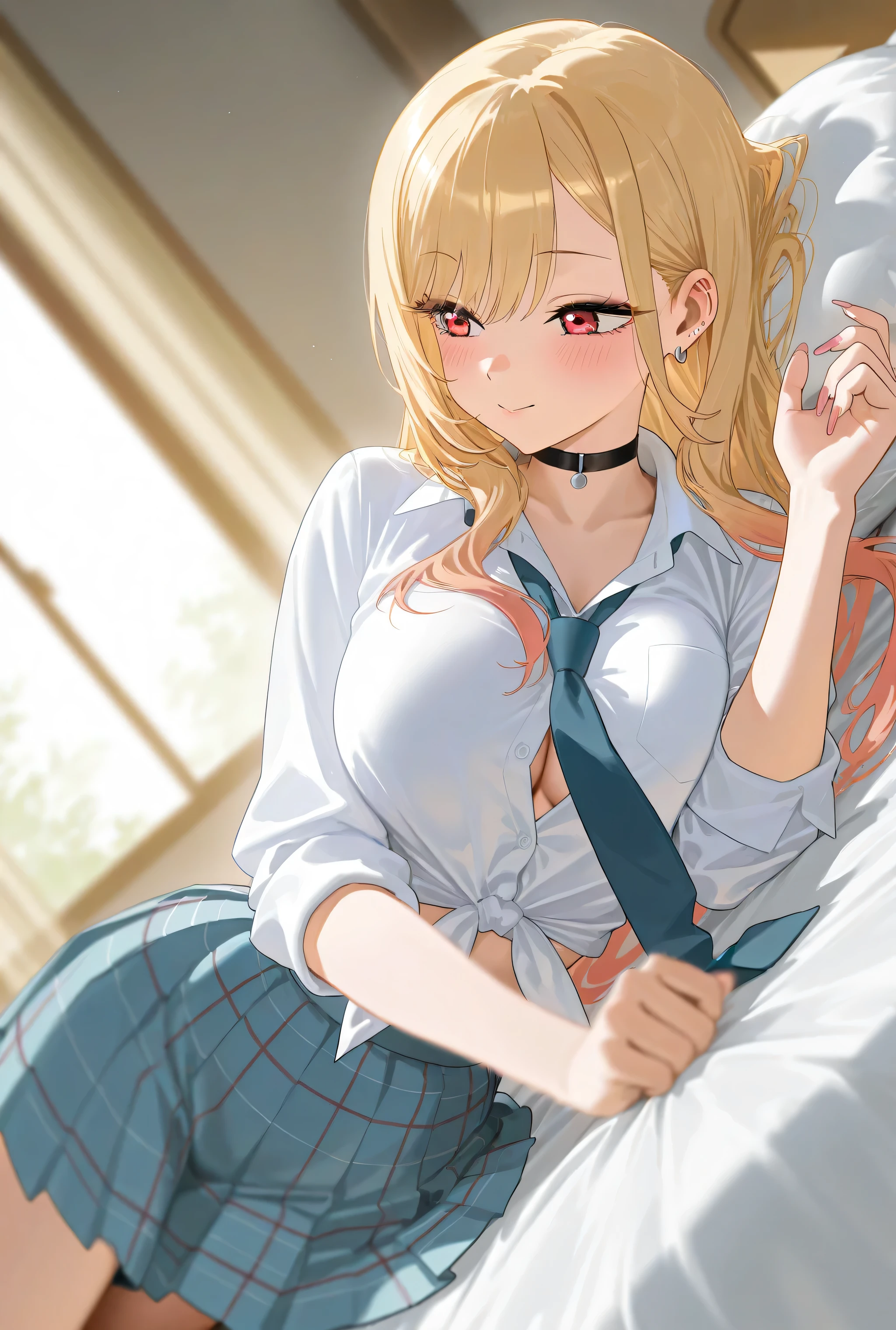 masterpiece,best quality,amazing quality,very aesthetic,high resolution,ultra-detailed,absurdres,newest,scenery,depth of field,scenery,volumetric lighting, Kitagawa Marin, blonde hair, long hair, multicolored hair, red eyes, jewelry, earrings, piercing, school uniform, white shirt unbuttoned, tied shirt, breasts exposed, black choker, blue necktie, plaid skirt, laying down, self fondle, bed