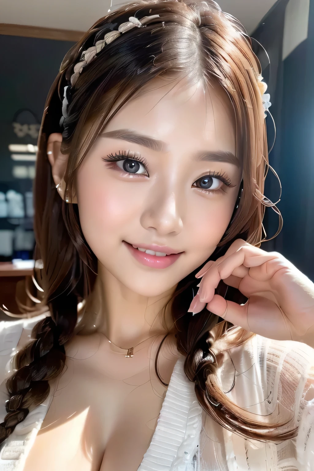 ((Highest quality, Tabletop, Ultra-high resolution、The most complex and detailed depiction))、(Bright lighting:1.1)、(spring-like clothes)、(Beautiful woman:1.1)、(Long Wavy Hair:1.05), (Accurate anatomy:1.1)、Colored contact lenses、Perfect Makeup、Natural Lip、Highly saturated eyeshadow、Loose off-the-shoulder knit、Short skirt、Blurred Background, Look at me and smile、Luxurious Room、(Face close-up:1.1)、(Ultra-high resolution gloss, Fair skin:1.1)、Ultra-high resolutionの顔、Ultra-high resolutionの髪、Ultra-high resolution sparkling eyes、Ultra-high resolution glossy lips、(Brightly lit white skin:1.1)、Beautiful face drawn in every detail、Ultra-high resolution perfect beautiful teeth、(Bright and vivid:1.1), whole body, 