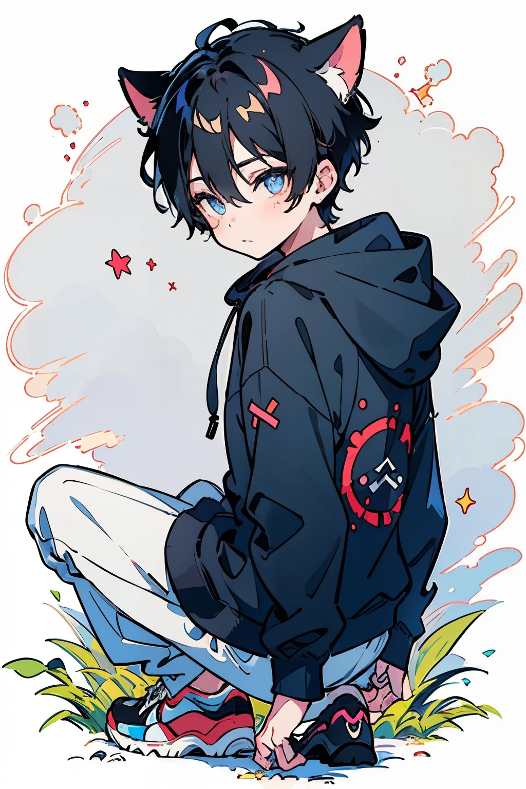 ((1-boy :1.5)),black hair,(very short hair:1.0),braid hair,(odd-eyes:0.85),((Kirakira eyes :1.0)),Honeycomb Face , Cat Ears Hooded Hoodie,(looking back:0.8),(Provocative viewpoint:1.0), thick soled sneakers ,((kawaii))