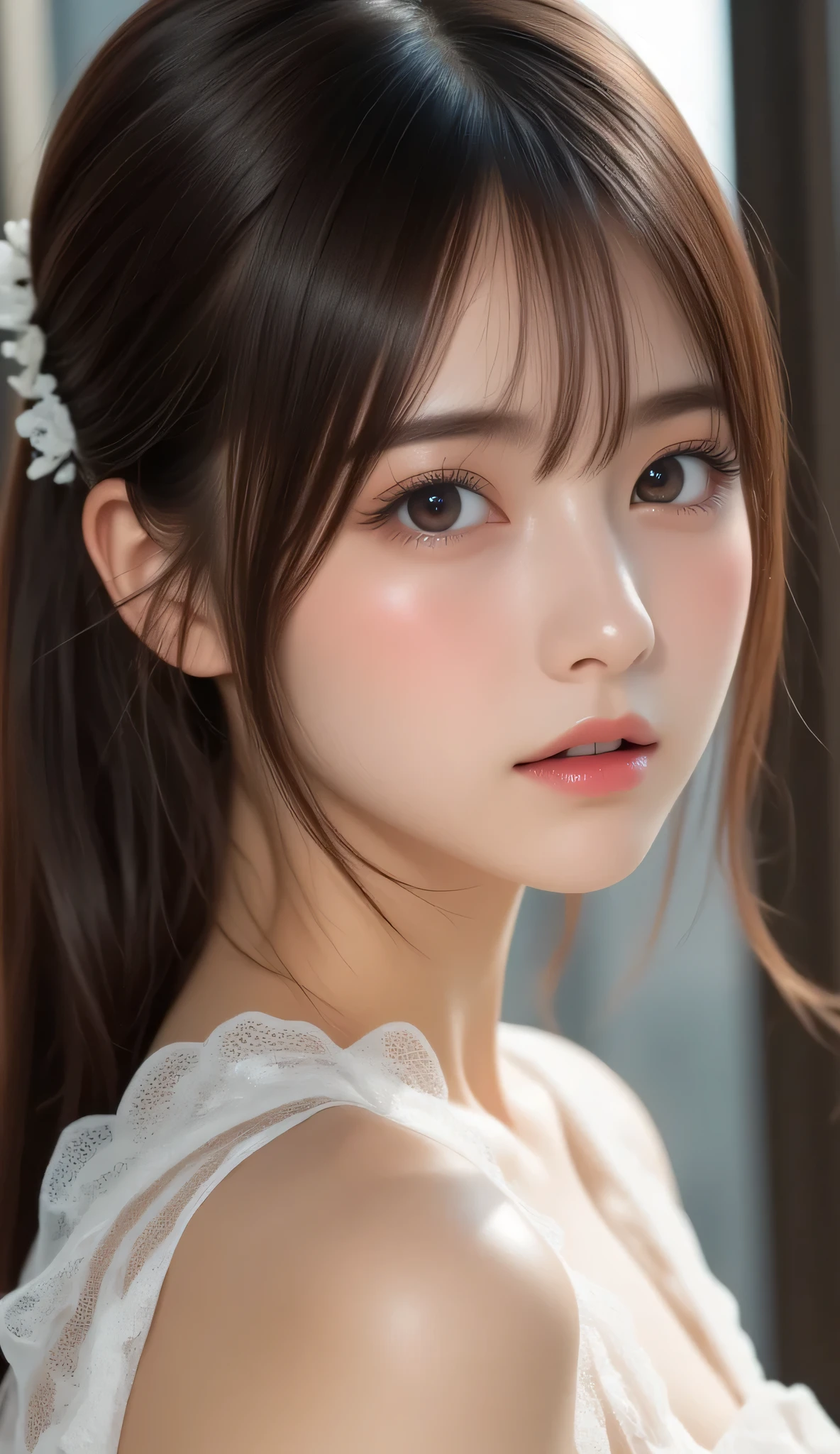 8k, super high resolution , best quality , Masterpiece,rule of thirds,golden ratio, Surreal,photograph, one woman ,( girl :1.3), cute, cute face, Beautiful Eyes in Every Detail , Details, Mature Woman , princess,full body,smile, black hair,drill hair,ID photo,future, Brutal Cyberpunk Women , luxurious and beautiful , Hotel Room ,((The fusion of white lace lingerie and bondage fashion:1.5)), big window,skyscraper background,( thin waist:1.4)、( Beautiful :1.4), pink lips, profile,((( ideal body shape))),Small bust, A Cup :2,、 portrait:2、 Complete anatomy 、Vivid Details、 Details, thin lips,Perfect and beautiful face ,完璧で cute face, Meticulous Skin , Perfect Limbs 、 thin waist, Surreal,Light and Dark, Fashion Magazine Cover,glowing