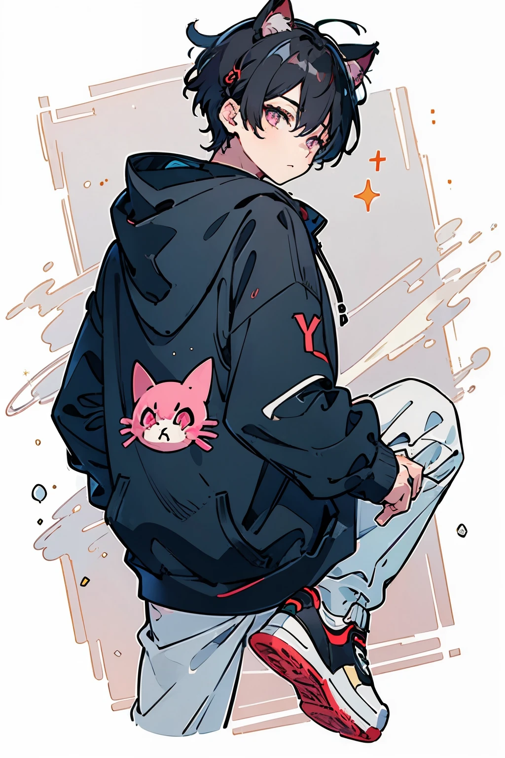 ((1-boy :1.5)),black hair,(very short hair:1.0),braid hair,(odd-eyes:0.85),((Kirakira eyes :1.0)),Honeycomb Face , Cat Ears Hooded Hoodie,(looking back:0.8),(Provocative viewpoint:1.0), thick soled sneakers ,((kawaii))