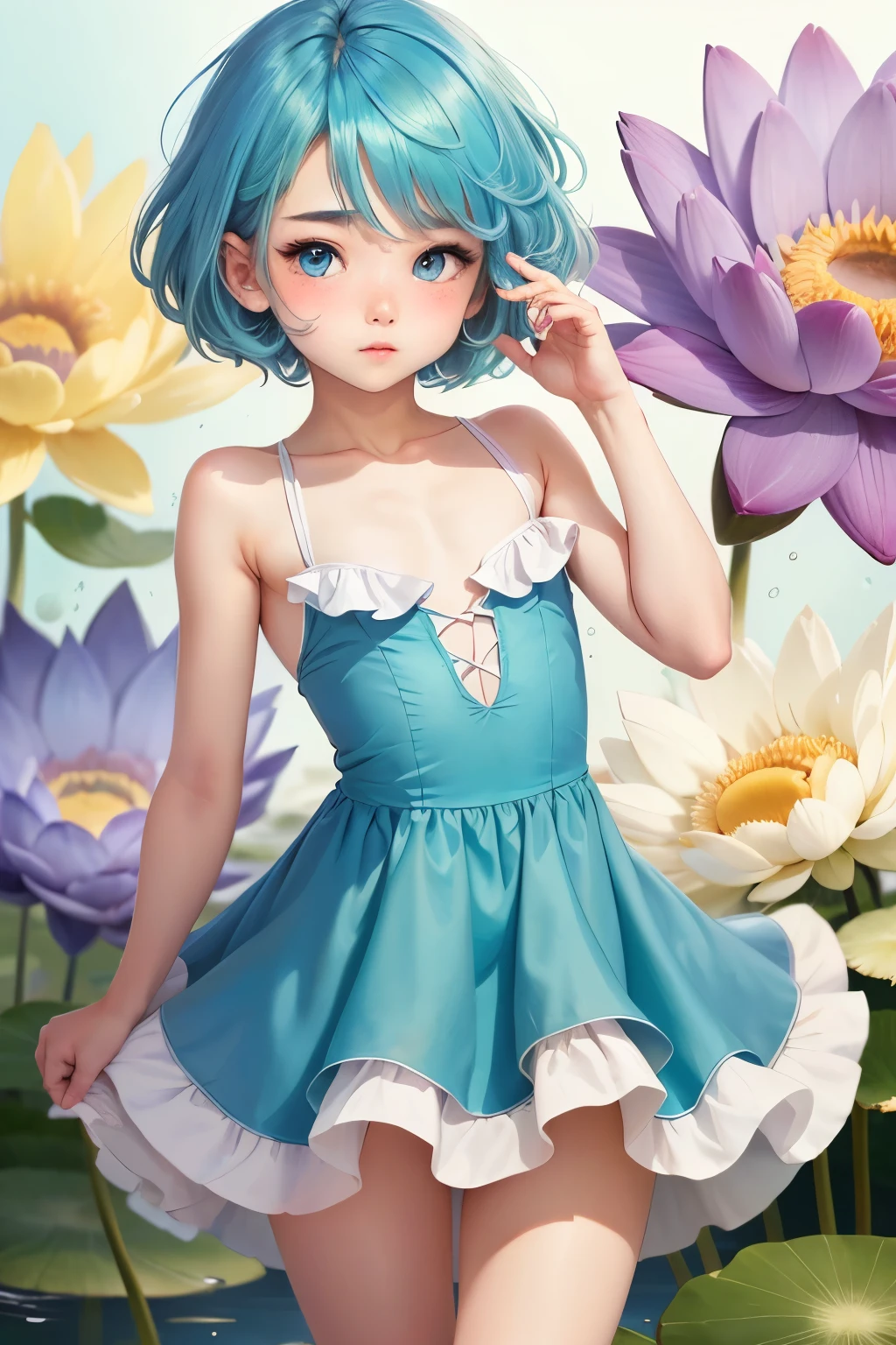 ((best quality)), ((masterpiece)), (detailed), femboy, Otoko no ko, blue aqua hair, shoulder hair, flat chest, thin body, sexy pose, cute face, shy face, cute pose, frilled dress, short dress, garden flower background