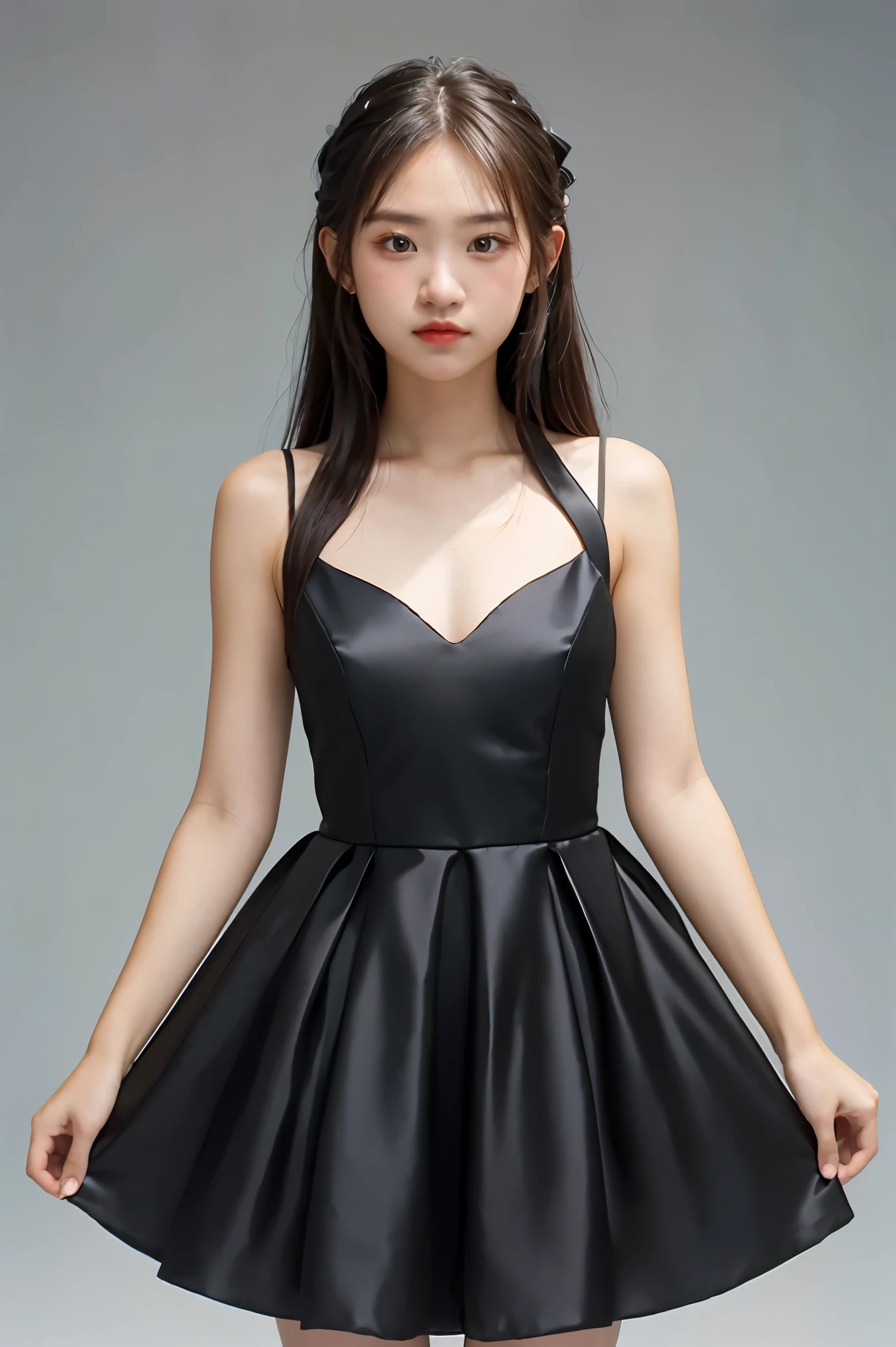 1girl, black formal dress, white background, <lora:asian_sexdoll-02:1>