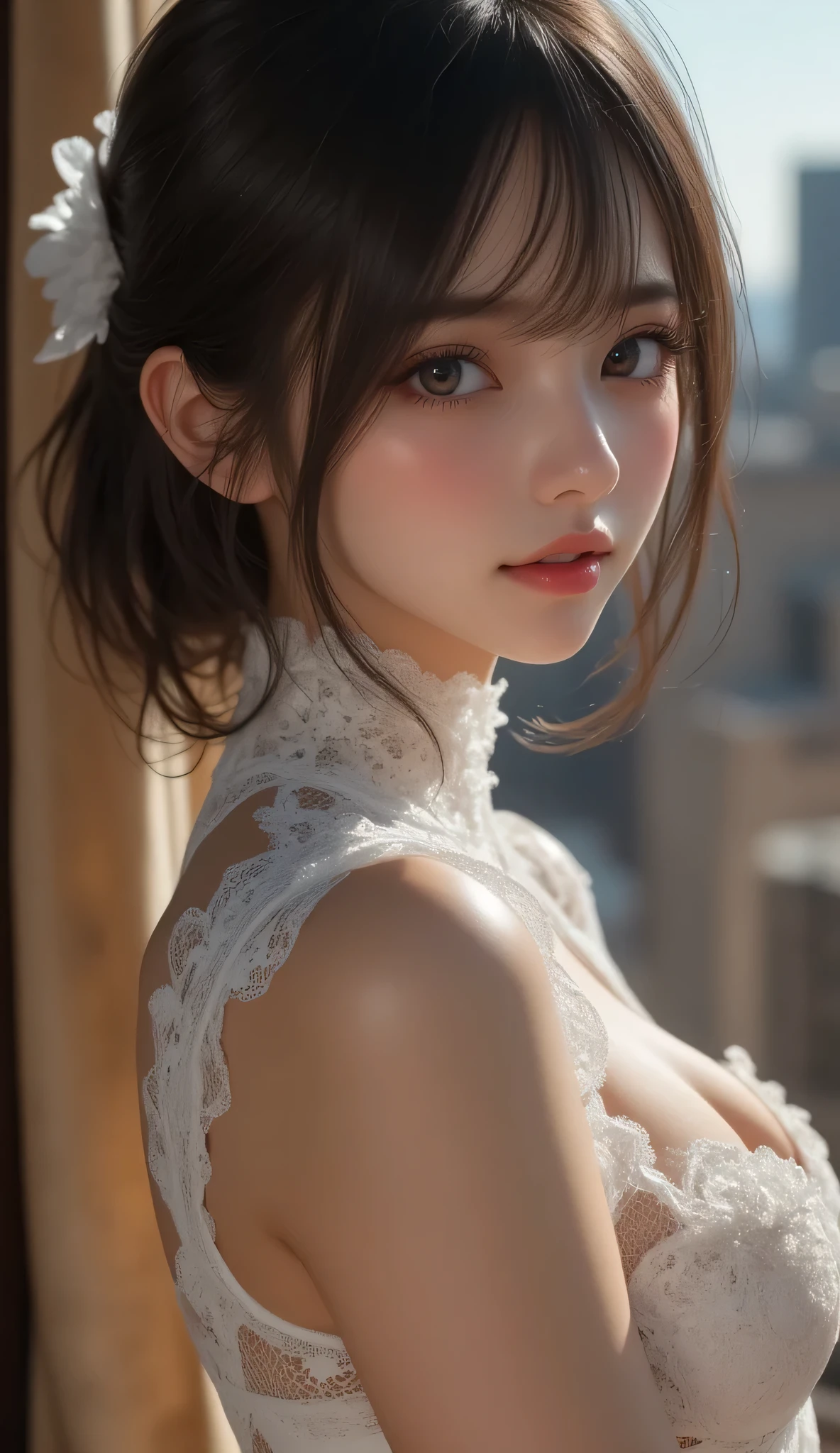 8k, super high resolution , best quality , Masterpiece,rule of thirds,golden ratio, Surreal,photograph, one woman ,( girl :1.3), cute, cute face, Beautiful Eyes in Every Detail , Details, Mature Woman , princess,full body,smile, black hair,drill hair,ID photo,future, Brutal Cyberpunk Women , luxurious and beautiful , Hotel Room ,((The fusion of white lace lingerie and bondage fashion:1.5)), big window,skyscraper background,( thin waist:1.4)、( Beautiful :1.4), pink lips, profile,((( ideal body shape))),Small bust, A Cup :2,、 portrait:2、 Complete anatomy 、Vivid Details、 Details, thin lips,Perfect and beautiful face ,完璧で cute face, Meticulous Skin , Perfect Limbs 、 thin waist, Surreal,Light and Dark, Fashion Magazine Cover,glowing