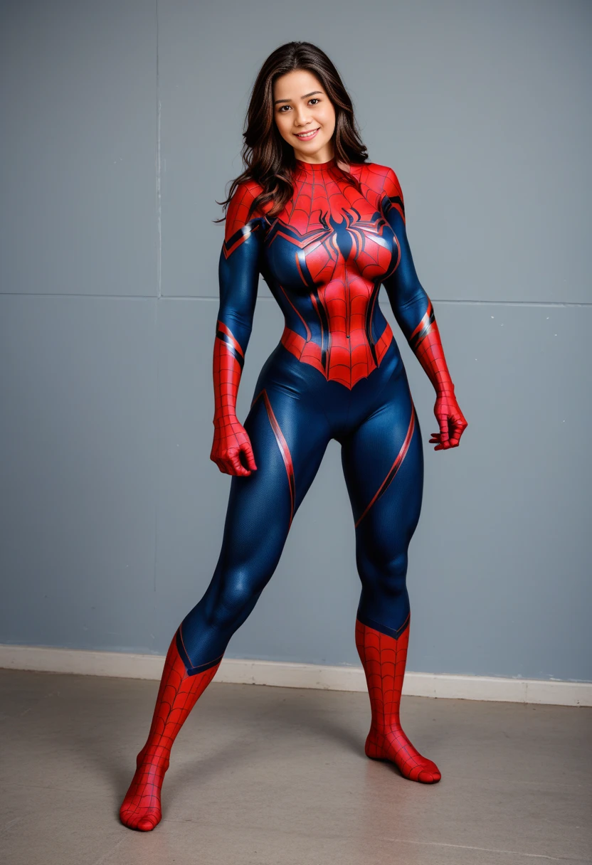 (cowboy photo, looking up), (spider-man costume), nsfw, front view, best quality, masterpiece, film grain, footage, solo1girl, looking at viewer, natural skin texture, intricate and realistic details of eyes and face, full lips, (makeup), red eye shadow, short fluffy hair, messy hair, smile, closed mouth, beautiful legs, tall woman, thin, thin legs, alone, Chest Medium rounded, cleavage, ((pose: face, waist and shoulders looking at the camera), beautiful natural location, (detailed background), cleavage, shows a little cleavage through the shirt, blurred background, blurred, depth of field, solar lighting on the part rear, 50mm canon eos camera