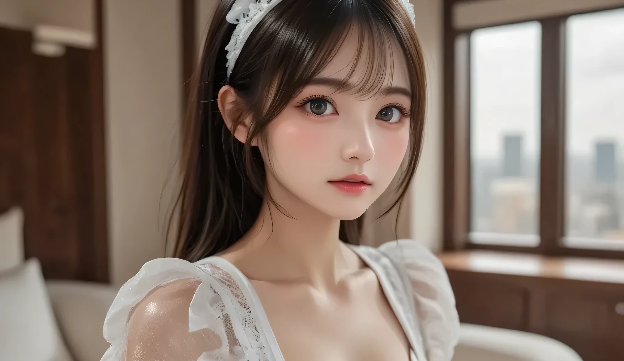 best quality, ultra nothing, photoreaslistic, a photography of a beautiful woman, 10yo  age, detailed face, black Feathered layers, (detailed porcelain doll,delicate clothes with a lot of frills and ribbonridge, (face close up), open V-chested clothes royal, Wet body of thin silk fabric, Thin silk lace dress, (huge boobs，cleavage),, white pink, Blue ，best qualtiy，tmasterpiece，Ultra-high resolution，（Reality：1.4），RAW photogr，（True skin texture：1.3），（filmgrain：1.3），（Selfie angle），1个Giant Breast Girl，Beautiful eye and face details，tmasterpiece，Best quality at best，exposing thighigchest，The chest more exposed, seductive look, looking at viewer