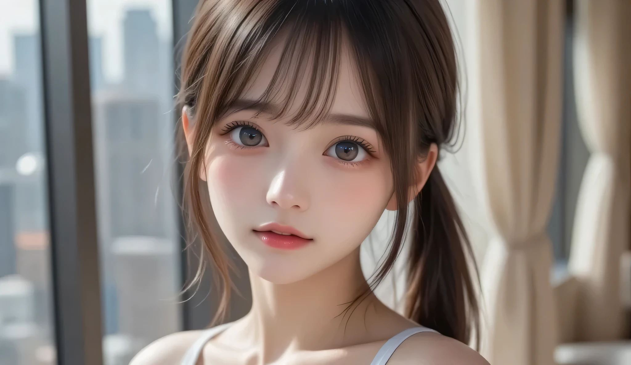 8k, super high resolution , best quality , Masterpiece,rule of thirds,golden ratio, Surreal,photograph, one woman ,( girl :1.3), cute, cute face, Beautiful Eyes in Every Detail , Details, Mature Woman , princess,full body,smile, black hair,drill hair,ID photo,future, Brutal Cyberpunk Women , luxurious and beautiful , Hotel Room ,((The fusion of white lace lingerie and bondage fashion:1.5)), big window,skyscraper background,( thin waist:1.4)、( Beautiful :1.4), pink lips, profile,((( ideal body shape))),Small bust, A Cup :2,、 portrait:2、 Complete anatomy 、Vivid Details、 Details, thin lips,Perfect and beautiful face ,完璧で cute face, Meticulous Skin , Perfect Limbs 、 thin waist, Surreal,Light and Dark, Fashion Magazine Cover,glowing