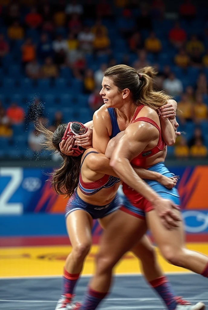 two female freestyle wrestlers, sweaty , face of europe, angry fight on the floor, Singlets,