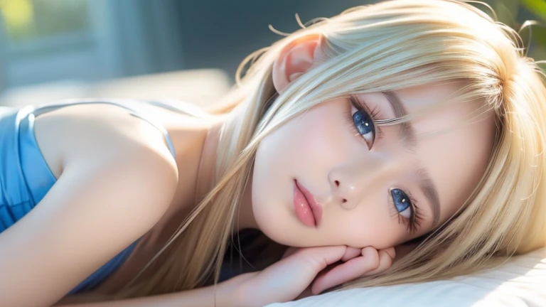 bright expression、photorealisim、top-quality、超A high resolution、a picture、絶妙に美しい北欧生まれの女の子のa picture、Extraordinary beautiful girl、Detailed cute and beautiful face、(pureerosface_v1:0.008)、Beautiful bangs、alice in the wonderland、sixteen years old、Glowing white shiny skin、short cut hair、Shining beautiful bright natural platinum blonde silky hair、finer hair、high resolution eye beauty, Bright and clear, Big light blue eyes shine charmingly、fullnude、All nude、eye liner、Double eyelids、Lush bust、going to bed、laying on back、sprawl、lie on one's side、lying back on、transparent clothe
