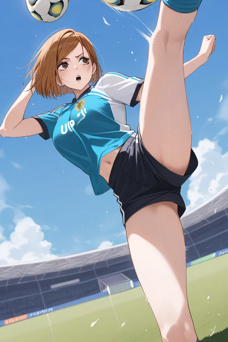 Girl, (light brown hair:1.5), (gray eyes:1.1), (big eyes: 1.1), (sagging eyes: 1.5), (very long hair:1.1), hair between eyes, (flat chest:1.3), (straight hair), very short, only , droopy eyes, , (short height:1.8), young face , smooth straight hair, soccer field, soccer goal, soccer ball,(Naked: 1.5),nipples are visible,pussy are visible ,(not wearing anything:1.5),flat chest,curvy, beautiful eyes