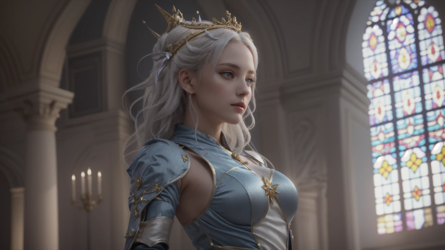 (Gal Gadot) with platinum hair, in a dress of ice flowers, a beautiful crown on her head, detailed face, detailed skin, front, background frozen forest, cover, unzoom, choker, hyperdetailed painting, luminism, Bar lighting, complex, 4k resolution concept art portrait by Greg Rutkowski, Artgerm, WLOP, Alphonse Mucha, little fusion pojatti realistic goth, fractal isometrics details bioluminescens : a stunning realistic photograph 30 years