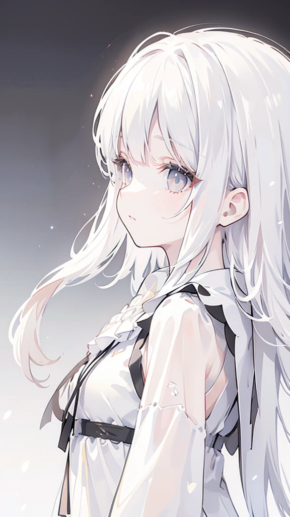 top quality,A perfect masterpiece,Perfect artwork,Official Works,8K,, ( Upper Body Portrait:1.3),(( from the side:1.5)),Close-up lens, Delicate Faces ,, ,White hair女孩,(White hair:1.5),Short medium hair ,(( white black color:1.5)),( white dress :1.2),(:1.2),( black background:1.3),, Pearl Illusion, cyberpunk , Fashion Trends ,3S Materials, HD,Detailed representation ,C4D,3d,Octane Rendering, ray tracing,Intricate details,Animated Lighting,OCrenderer,