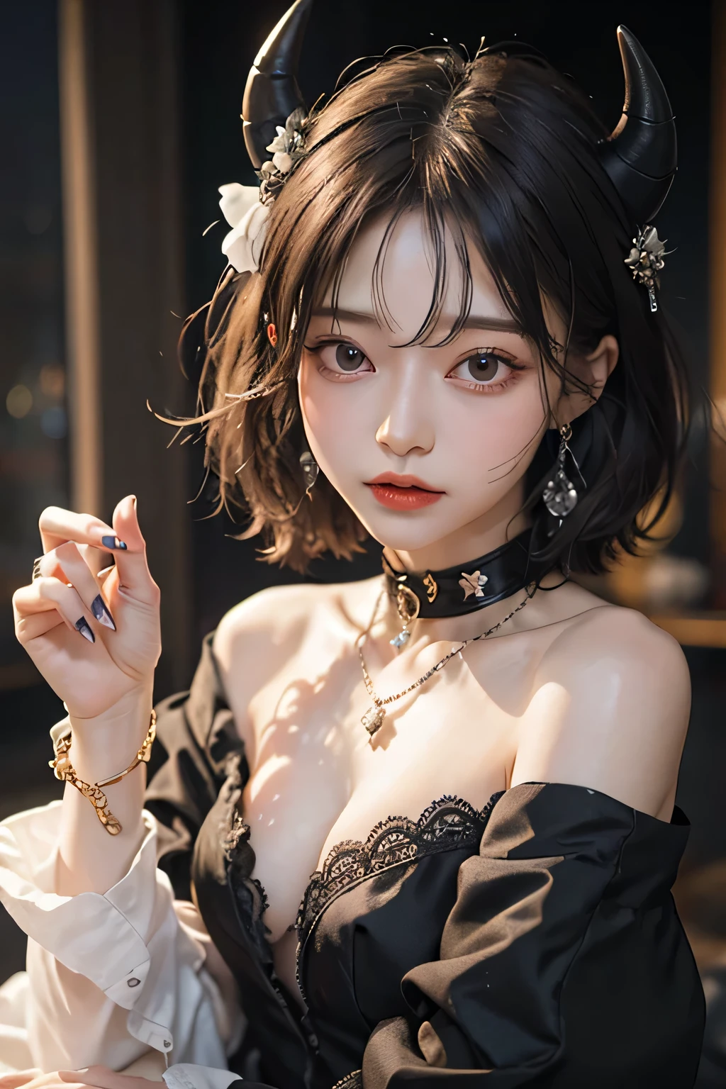 ( best quality :1.3)、( The Greatest Masterpiece:1.3)、 Highest Image Quality、RAW、( perfect body beauty :1.2)、(Night Scene:1.3)、( black dress :1.3)、( luxurious room:1.2)、( chain on hand:1.2)、 Highly Detailed Face and Skin Textures 、 detailed eyes、double eyelids、 short hair、 boyish、 unisex、 big eyes、 necklace、(( one woman))、 bracelet、 earrings、 choker、ring、chain accessories、chain、Thick chain collar、(restrain with chains)、((fall to the dark side))、((Evil Princess ))、(( cleavage in years))、 off shoulder、(palace)、(( fantasy castle))、((Devil's Bride))、((Demon Princess))、(Blushing:1.4)、( sexual arousal:1.3)、( looking at camera )、(chain choker)、(Little devil horns)、((devilize))、(assimilation by the devil)、sexy、((Sex Appeal))、Eros、Sensual、Alluring、 looking at camera 