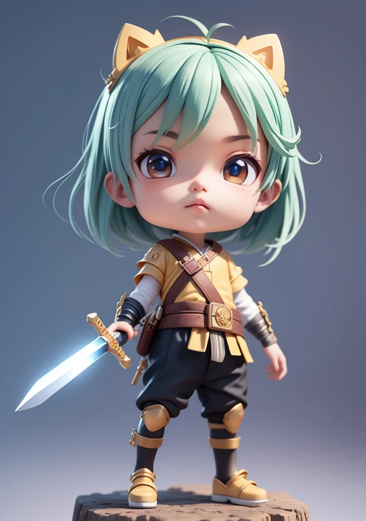 (extremely detailed CG unity 8k wallpaper), chibi cute boy holding a sword, solid background