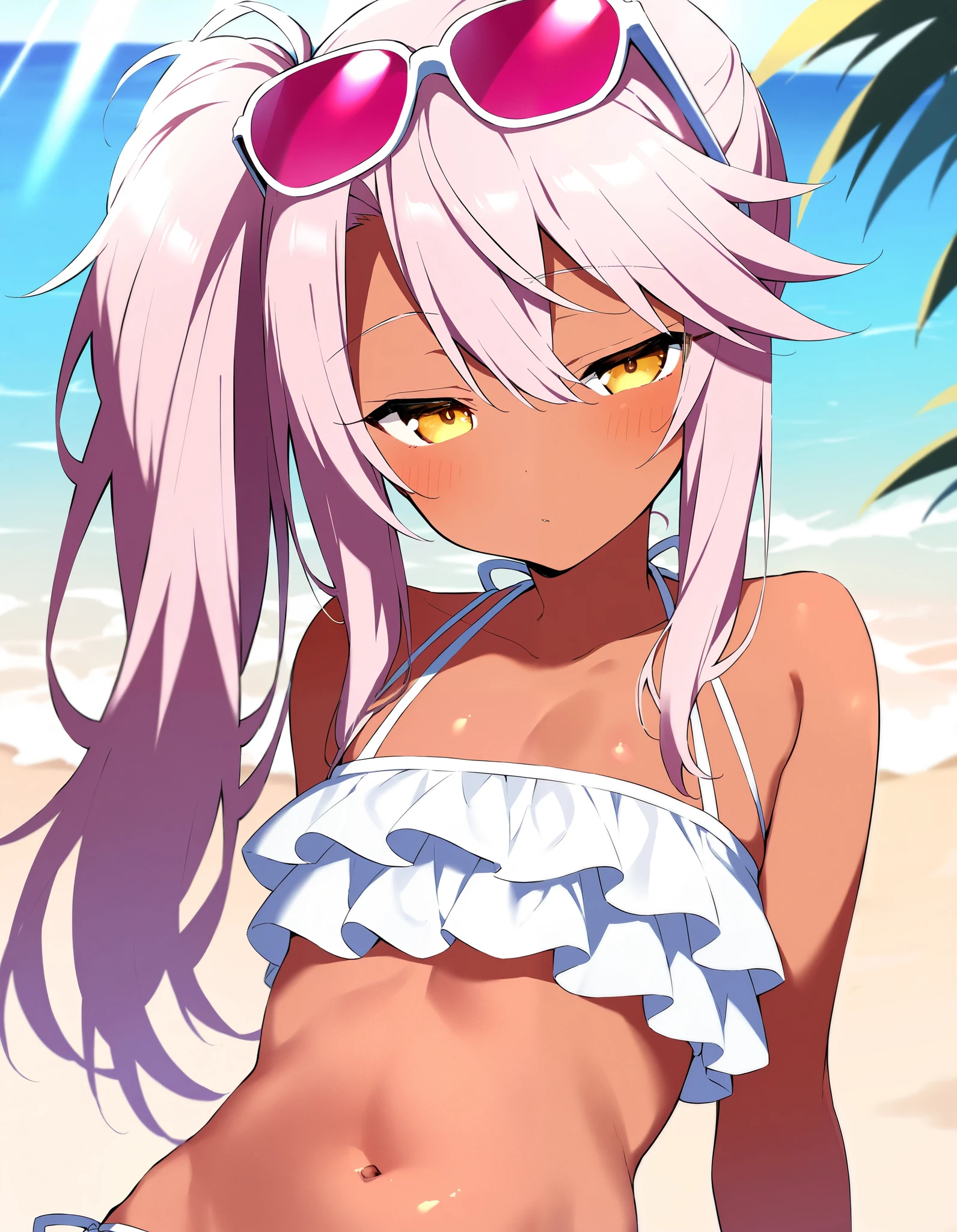 Chloe_Von_Einzbern, 1girl, solo, yellow eyes, pink hair, long hair, hair between eyes, side ponytail, flat chest, dark-skinned female, upper body, looking at viewer, pink eyewear on head, beach, frilled bikini, navel, half closed eyes, head tilt, sunrays,