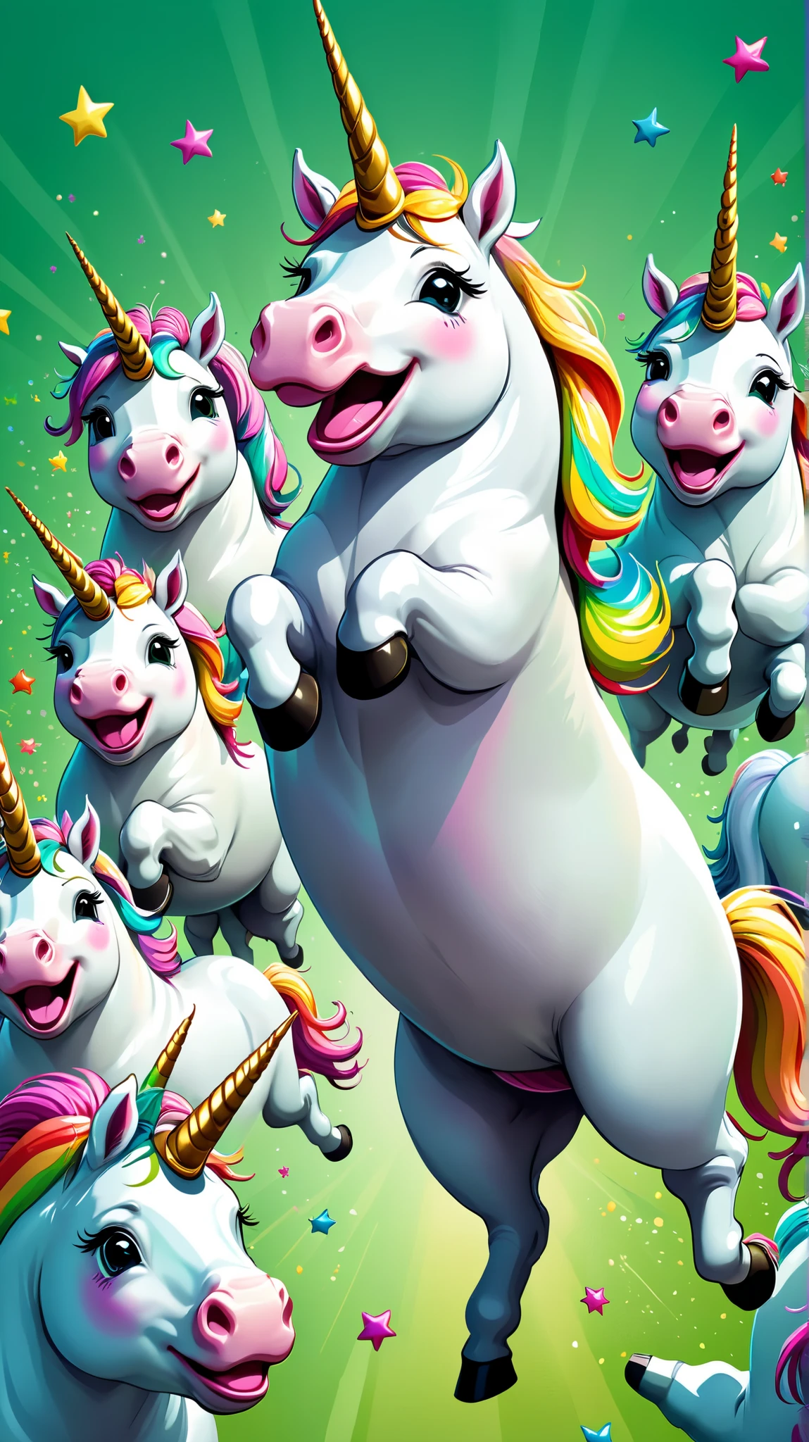 Many cute fat comic unicorns jumps happily to the viewer, Very colorful with a green background