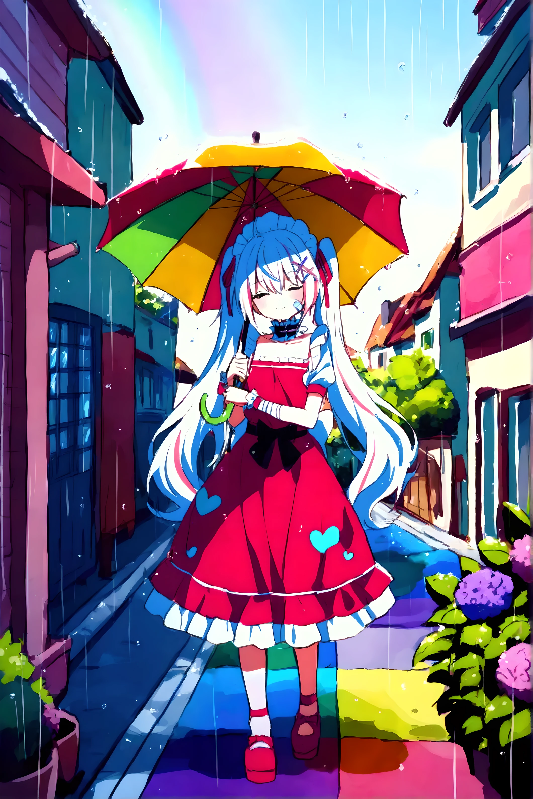 masterpiece, best quality, very aesthetic, absurdres, 1girl, petite, front view, full body, heart-shaped face, standing, colorful umbrella, holding umbrella, looking at viewer, pretty smile, head to down, bow down, closed eyes, long hair, white hair, multicolored hair, pink streaked hair, bangs, hair between eyes, low twintails, hair ribbon, hair ornament, maid outfit, red dress, puffed short sleeves, frilled choker, bandaid, bandages, x hair ornament, flower hair ornament, outdoors, rainy, rainbow, splash of color, colorful water, colorful droplets, flat colors, colorful scenery, houses, sidewalk, on alley, road, dynamic lighting, city back view, colorful, anime coloring