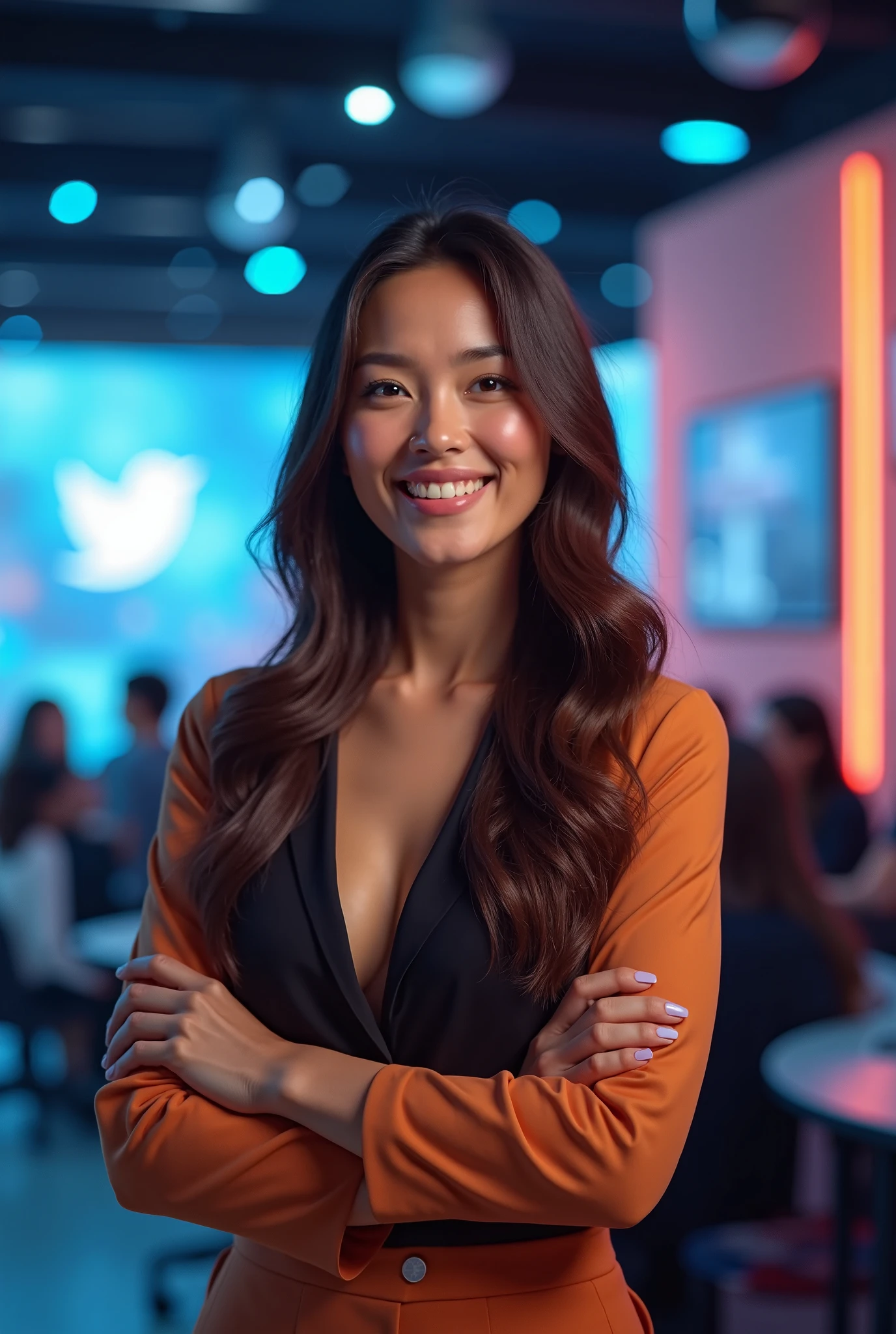 Realistic photo of a Thai anchor, 25 Jahre alt, mittelschwarzes Haar, braune Augen, Bust in front of the camera, Blick in die Kamera, Shiny orange satin blouse, verkleidet als Fernsehmoderator, Focus from the waist up
