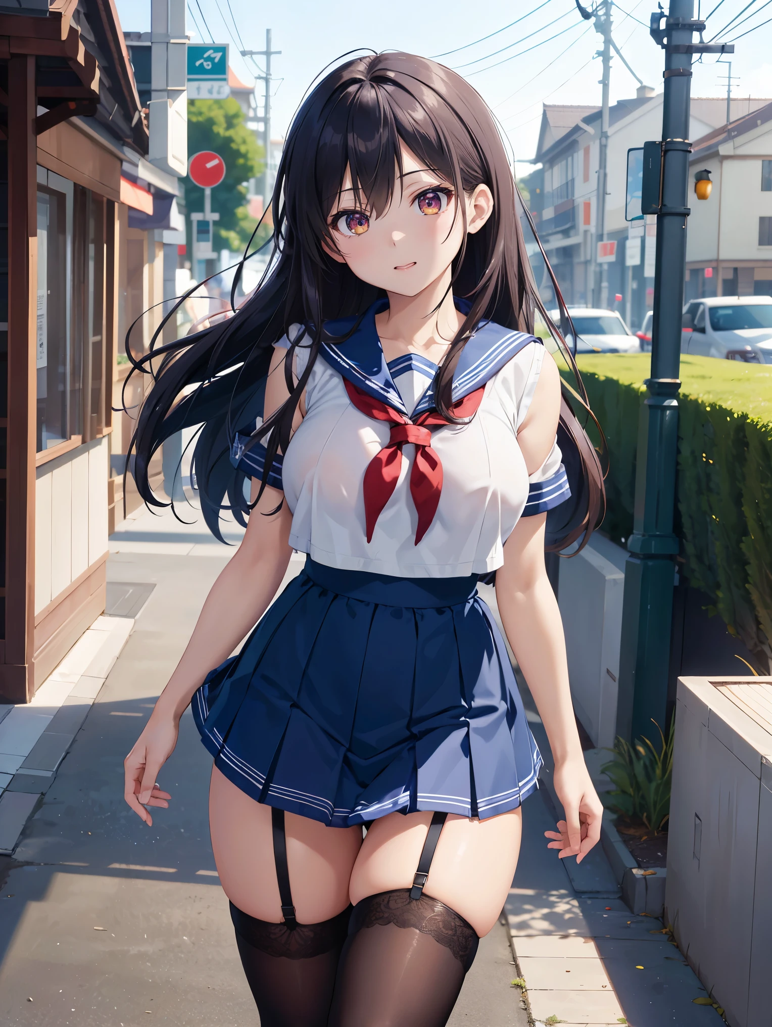 (((masterpiece, Highest quality, High resolution, 超High resolution, Perfect Pixel, Depth of written boundary, 4K, RTTX 10.0, High resolution))), Beautiful Anime Woman, Beautiful art style, Anime characters, ((Long Hair, bangs, Dark brown hair, ponytail)), ((Beautiful eyelashes)), ((Detailed face, blushする:1.2)), ((Smooth texture, Realistic texture, Anime CG Style)), Exact finger count、Exact number of legs、(Exact number of arms:1.0, Exact number of hands:1.0), (Perfect hands, Perfect Anatomy), Realistic, Highest quality, High resolution, 非常にDetailed face, Perfect lighting, Extremely detailed CG, Morning sun-like lighting, whole body, Perfect body, (Slender body:1.2), (An adult woman is walking while lifting her skirt with her hands.:1.4), (Fashionable white shirt, Sailor collar, Navy blue knee socks, loafers, Navy pleated mini skirt:1.3), (Stylish shiny light blue satin panties, Side-tie light blue panties, Panties with plain light blue center and lace decoration on the sides:1.3)), , (Beautiful and big breasts:1.2), (Beautiful and thin thighs:1.3), Feeling embarrassed, (blush:1.2), (Very embarrassed look:1.4), A very patient expression, (Urban hustle and bustle, Buildings on the background, Sidewalk, Intersection in the background, In the background, a large number of people dressed in clothes々:1.4), Her light blue bra is visible through the fabric