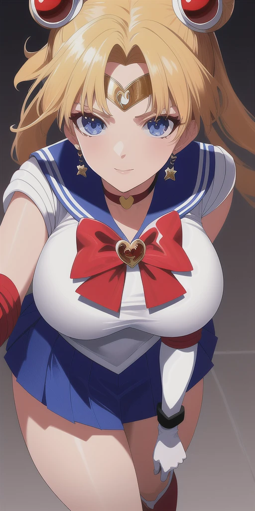 smusagitsukino, standing, solo, huge_breasts, ClassicSM_Blue_skirt_White_gloves_Red_boots_Red_choker_Red_bowtie_Red_back_bow_Circlet_Red_bun_cover, blonde hair,masterpiece, best quality, detailed face, detailed eyes, highres,blush,nipples,(upper body)