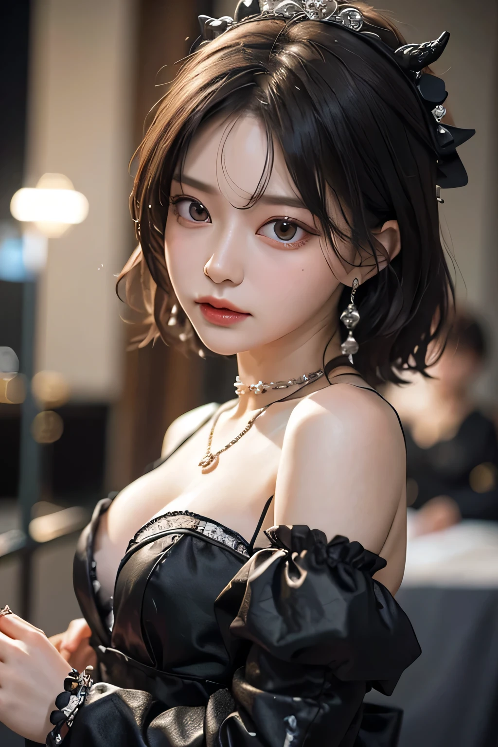 (best quality,4k,8k,highres,masterpiece:1.2),ultra-detailed,(realistic,photorealistic,photo-realistic:1.37),beautiful expressive eyes,long eyelashes,beautiful detailed lips,detailed hair and face,(She looks as if she is about to cry.),clean and flawless skin,(Very large breasts, big tits, oversized tits),Short hair,(Earrings, maid uniform),