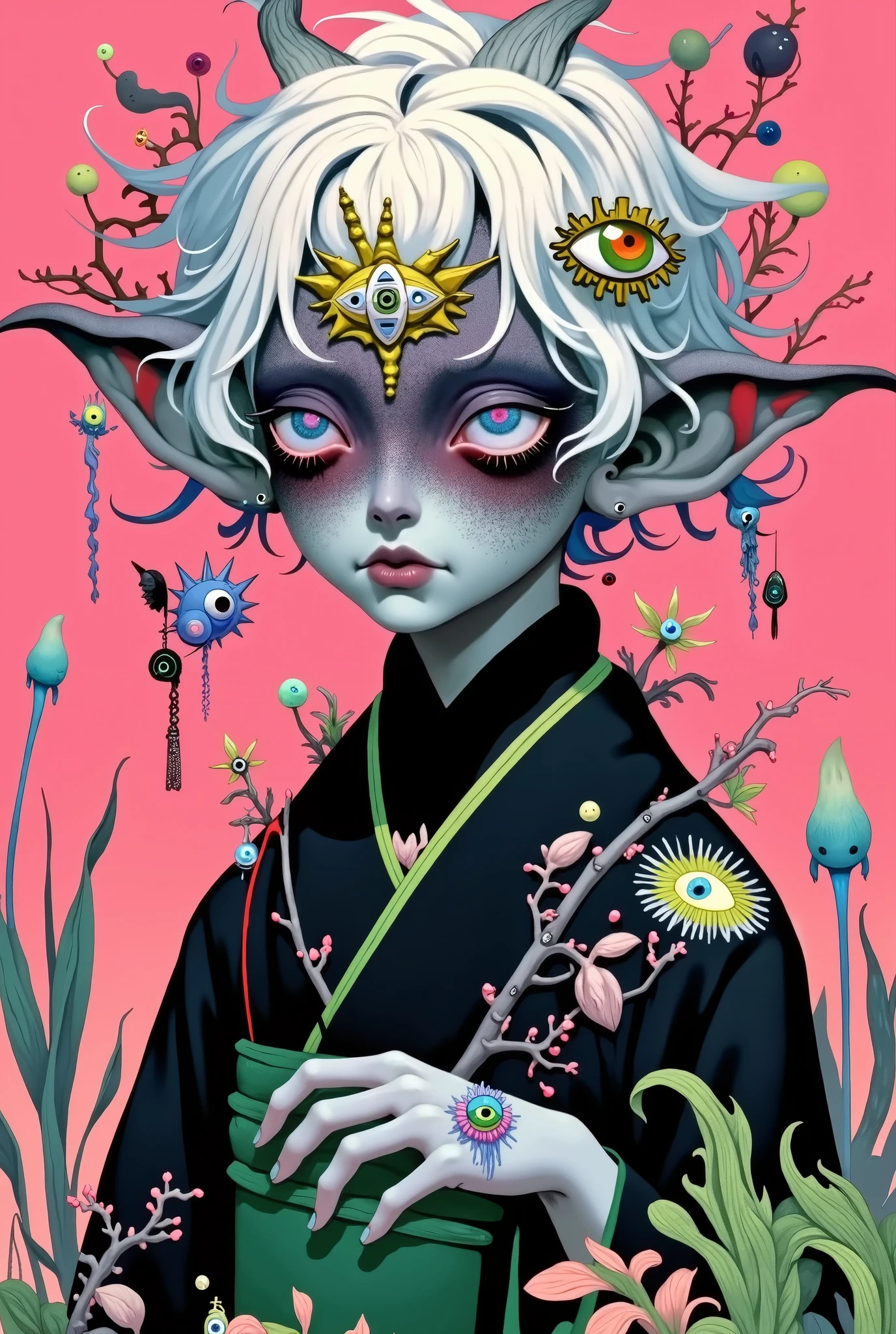 Japanese Anime，Second Dimension，  horror style，Horror Character，(((Three-eyed boy，solo，The third eye on the forehead，Dark eyeshadow， short white hair，Elf ears， Green Skin ，exaggerated golden crown eyeball decoration))),((( Japanese costume ))).(((Thin waist，Green belt：1.6))).Pure pink background