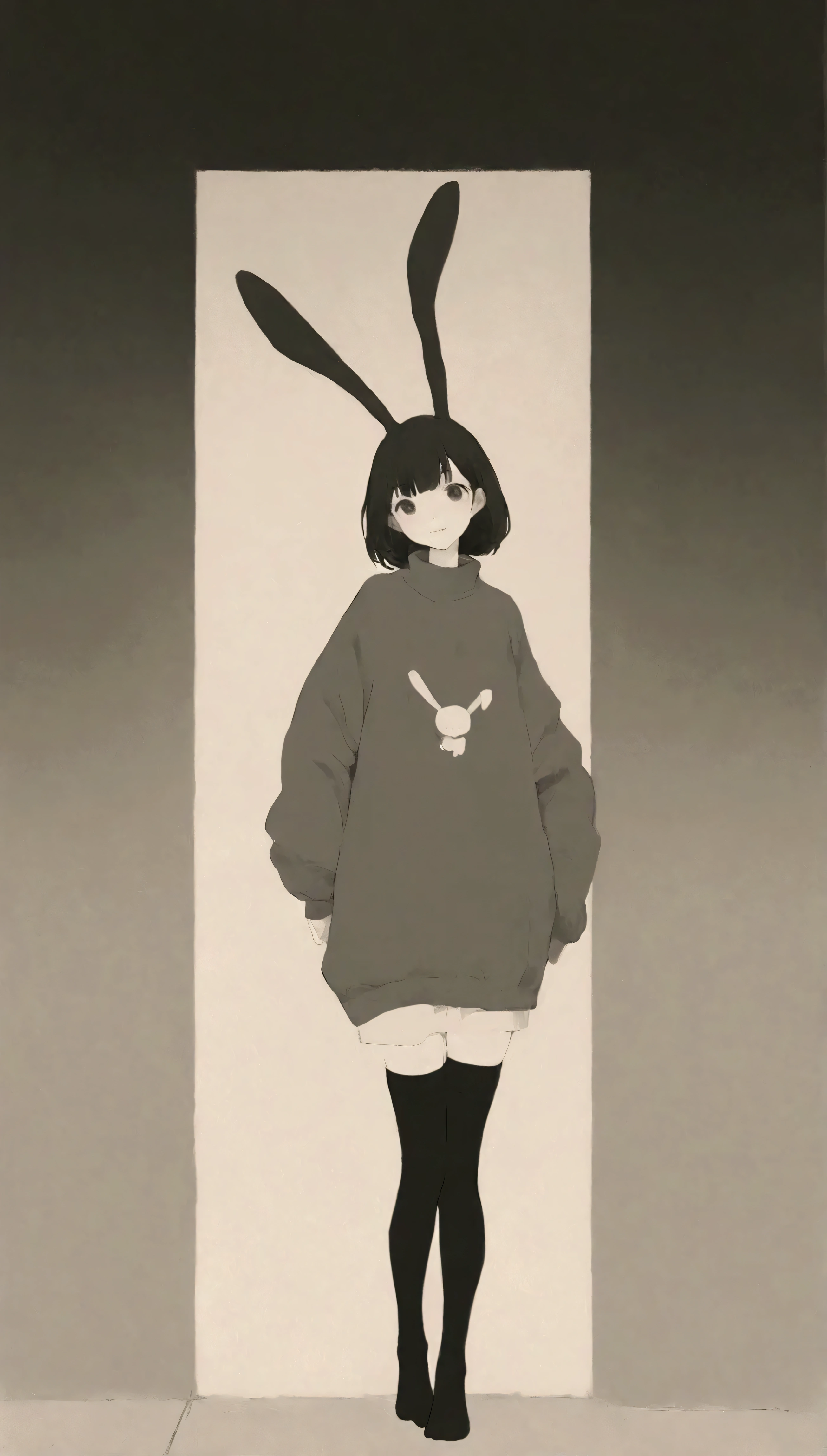  cute anime girl with small head and body 、 Cute rabbit ears are smiling 、Bold poses、 dreamy cute 、Sickly cute、  simple oversized pullover  、  Knee High Socks  、 urban background、 poster style 、flat-colors、 Carefully calculated  、 arranged motifs 、HIGH QUALITY DESIGN  