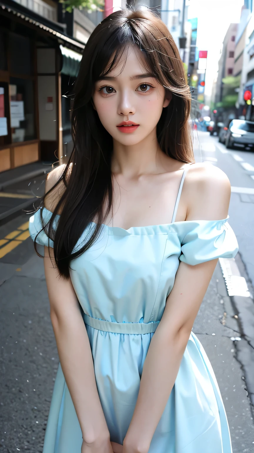 best qualtiy、​masterpiece、photoRealstic、intricate-detail、Raw foto、Photon Rendering、ultra-detailliert、A detailed face、Detailed skin、Trending in art stations、8K Masterpiece、lighting like a movie、( (1girl in))、((独奏) ))、((Behold))、CG Social Trends、((length hair))、((Beautuful Women))、(A smile)、((A sexy))、Hair that flutters in the wind、((Flowing hair))、fashion magazine、Plain clothe、full body Esbian、cafes、cafes、flowery pattern summer dress