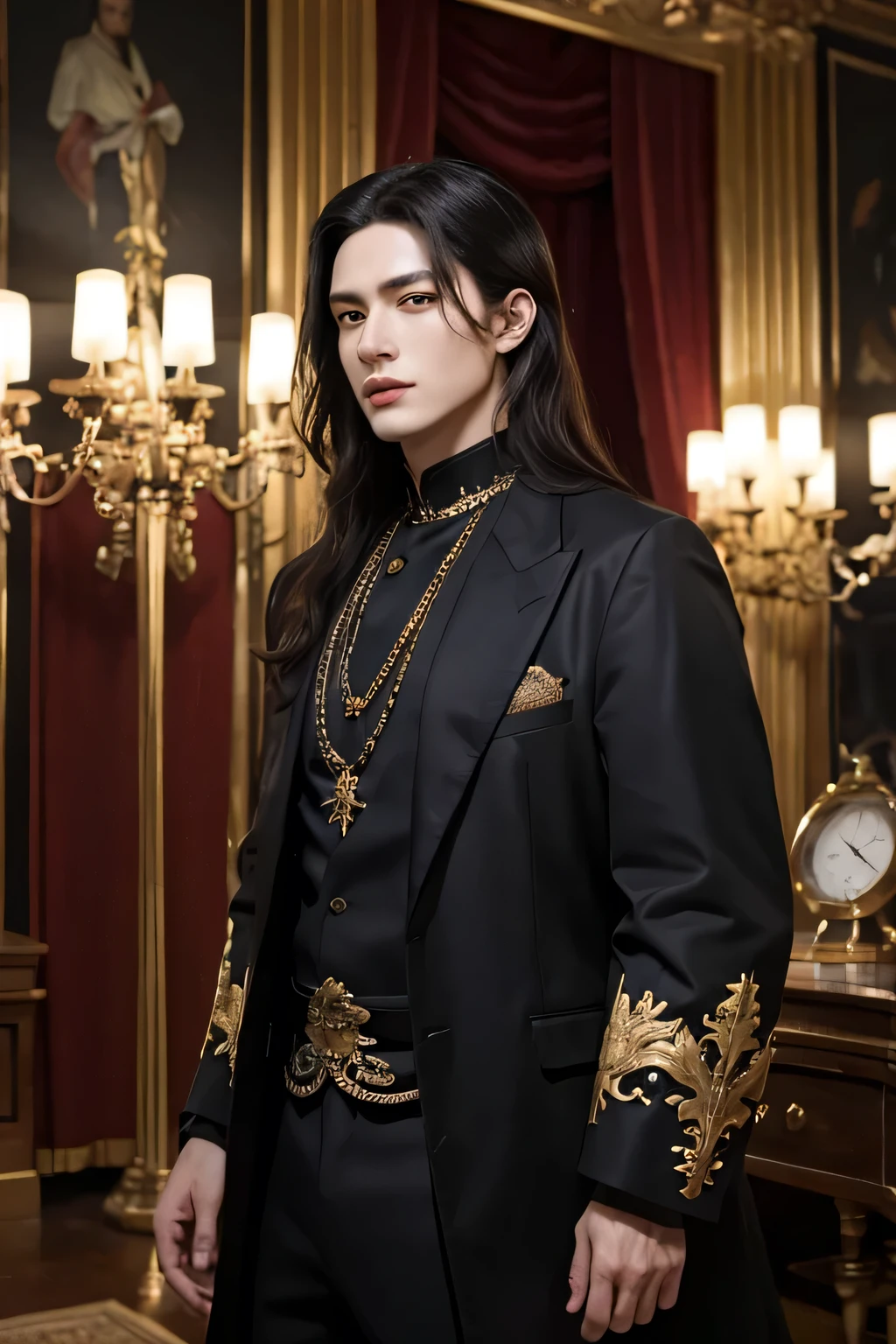 ( best quality :1.3)、( The Greatest Masterpiece:1.3)、 Highest Image Quality、RAW、Demon King、handsome man、 long hair、(悪魔の角:1.3)、Lavish clothing、pompous atmosphere、The Dark Lord、 Black Clothes