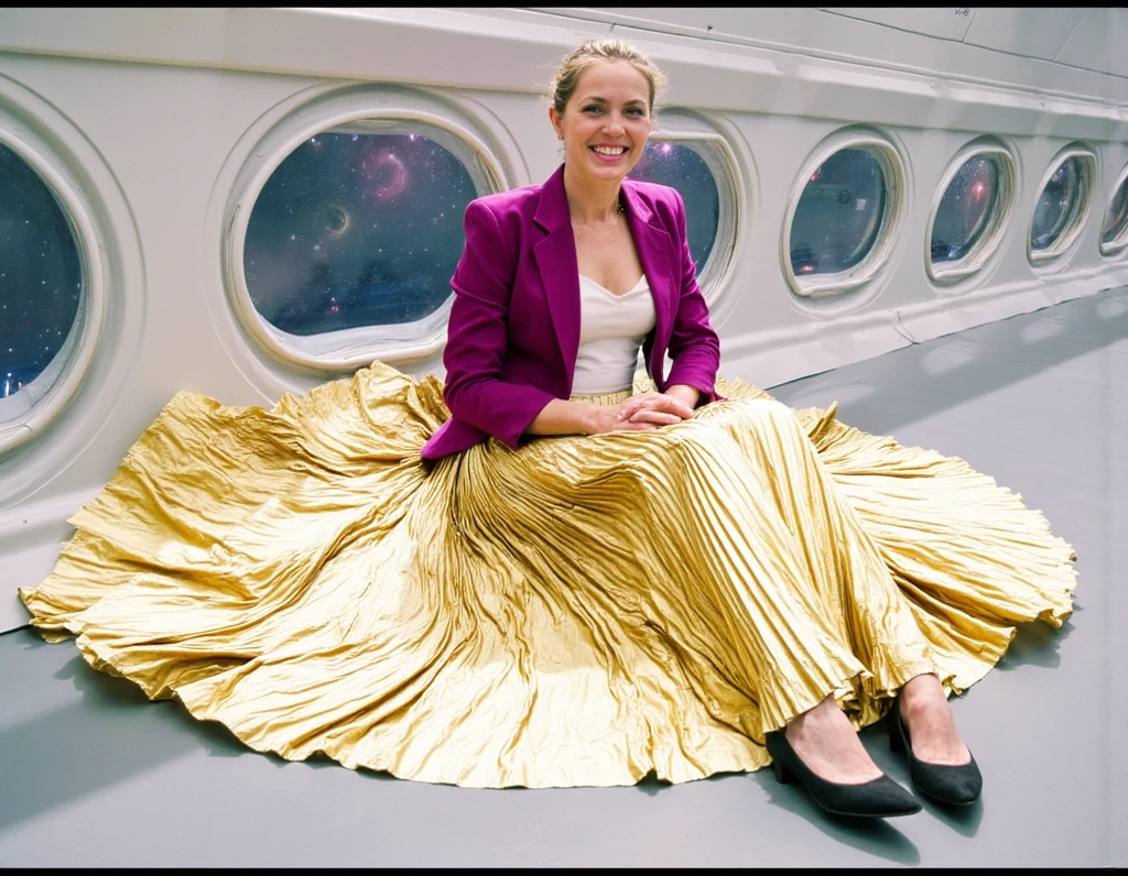 35mm f1.4 Kodak portra 400 photograph, extremely high quality RAW photograph, a therapist is dancing in her skirt (in a flirting manner:1.3) on a space station, (shy) authentic (kind and tender) lesbian woman wearing a short blazer with a very very detailed (long (fully pleated) full circle skirt) and (simple) low heeled office shoes, very very intricate hyper-detailed symmetric (attractive graceful young feminine face) with (sad, tired) eyes and a (flirty smile:1.3), full of empathy and compassion and love, (pronounced feminine features:1,3), big boobs, large breasts, shirtless, topless, (highly detailed ultra accurate realistic) hands and fingers, ((windy conditions and wind blowing)), epic composition, highly detailed attributes, highly detailed atmosphere, detailed background, intricate, Exquisite details and textures, highly detailed, deep space station secret operations active background