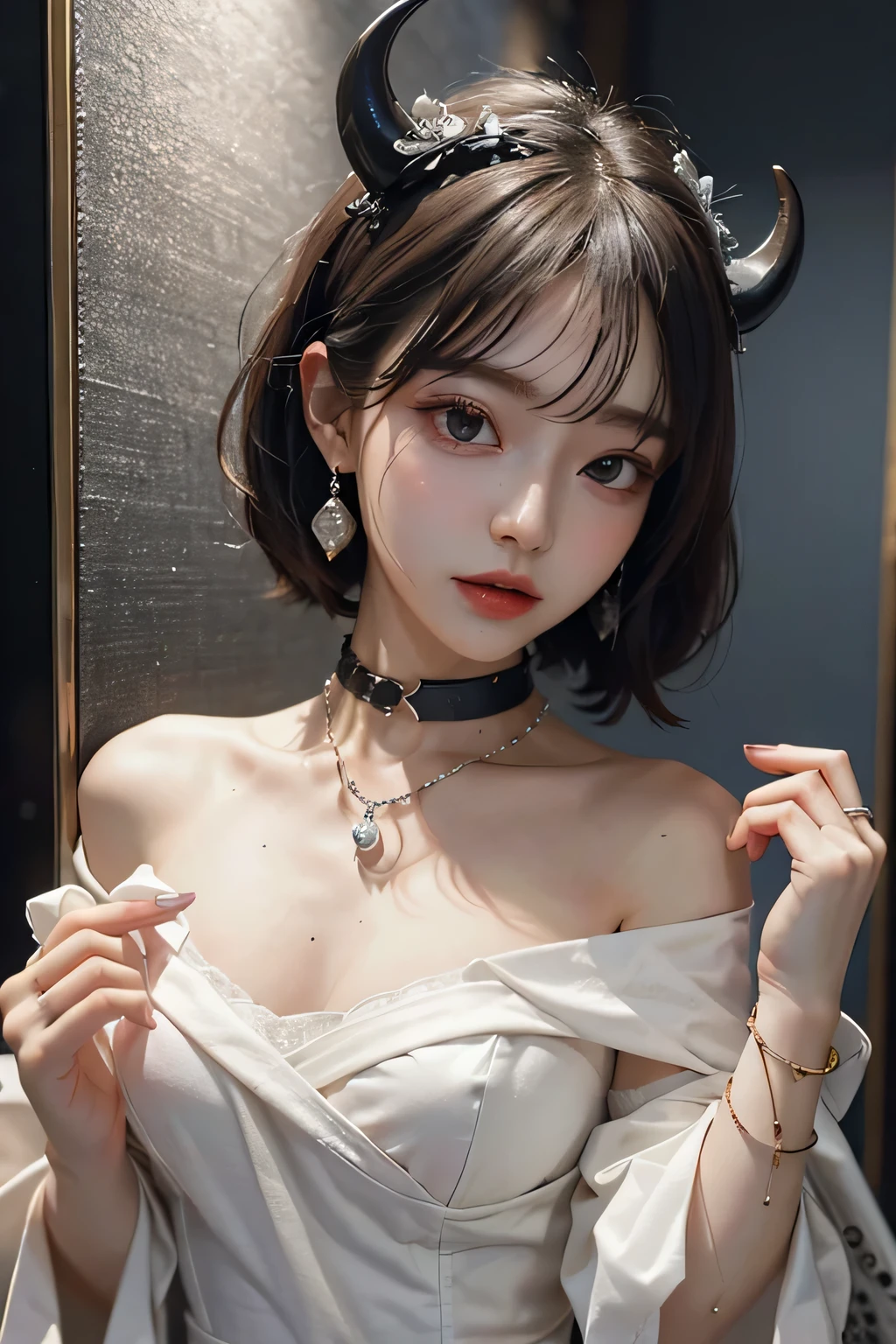 ( best quality :1.3)、( The Greatest Masterpiece:1.3)、 Highest Image Quality、RAW、( perfect body beauty :1.2)、(Night Scene:1.3)、( black dress :1.3)、( luxurious room:1.2)、( chain on hand:1.2)、 Highly Detailed Face and Skin Textures 、 detailed eyes、double eyelids、 short hair、 boyish、 unisex、 big eyes、 necklace、(( one woman))、 bracelet、 earrings、 choker、ring、chain accessories、chain、Thick chain collar、(restrain with chains)、((fall to the dark side))、((Evil Princess ))、(( cleavage in years))、 off shoulder、(palace)、(( fantasy castle))、((Devil's Bride))、((Demon Princess))、(Blushing:1.4)、( sexual arousal:1.3)、( looking at camera )、(chain choker)、(Little devil horns)、((devilize))、(assimilation by the devil)、sexy、((Sex Appeal))、Eros、Sensual、Alluring、 looking at camera 