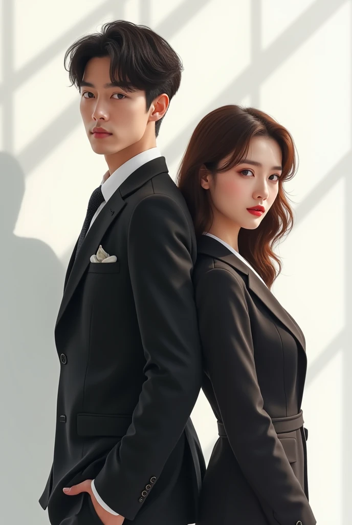  Handsome guy wearing a suit. Korean artist's face. White Cute , Manis.  With beautiful woman secretary . sexy.   Wearing a blazer . Stand with their backs to each other .  half body . 