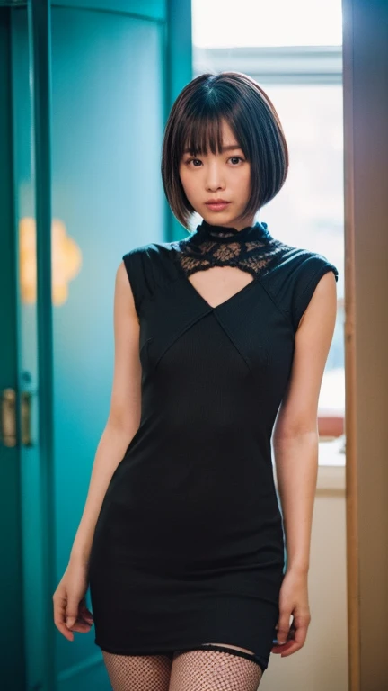 Yui, photo of female, age 15 year, black shoulder length hair with brown highlights; (dslr, ultra quality, film grain, Fujifilm XT3, crystal clear, 8K UHD, highly detailed glossy eyes, high detailed skin, skin pores); big , full body photo, tight fit black sleeveless ultrashort soft cotton dress, in front of fabric wall