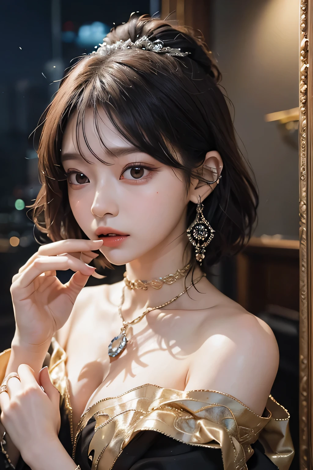 ( best quality :1.3)、( The Greatest Masterpiece:1.3)、 Highest Image Quality、RAW、( perfect body beauty :1.2)、(Night Scene:1.3)、( black dress :1.3)、( luxurious room:1.2)、( chain on hand:1.2)、 Highly Detailed Face and Skin Textures 、 detailed eyes、double eyelids、 short hair、 boyish、 unisex、 big eyes、 necklace、(( one woman))、 bracelet、 earrings、 choker、ring、chain accessories、chain、Thick chain collar、(restrain with chains)、((fall to the dark side))、((Evil Princess ))、(( cleavage in years))、 off shoulder、(palace)、(( fantasy castle))、((Devil's Bride))、((Demon Princess))、(Blushing:1.4)、( sexual arousal:1.3)、( looking at camera )、(chain choker)、(Little devil horns)、((devilize))、(assimilation by the devil)、sexy、( by demon power please)、I was raped 、((Sex Appeal))、Eros、Sensual、Alluring、 looking at camera 