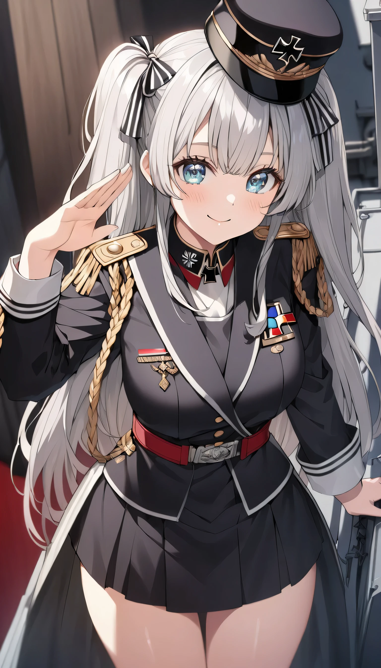 ((ultra-detailed)), (highly detailed CG illustration), (best quality:1.2), ultra-highly detailed, colorful composition, artistic photoshoot, 1girl, solo focus, ((thigh to top:1.4)), ((cowboy shot:1.4)), moe anime character, girl, dainty facial structure, (bab(round face), ((rounded chin:1.2)), ((ideal ratio body proportions)), celia-default, celia claire, (blue eyes), sparkle eyes, silver hair color, two side up, ((red and black stripes hair ribbon:1.4)), ample breasts, ((German Navy military black uniform during World War II)), ((German Navy military black captain hat with gold decorationduring World War II)), ((Iron Cross on neck with red, black and white tricolor stripes ribbon:1.4)), ((gold aiguillette)), ((salute with right hand:1.4)), ((standing on a warship:1.4)), beautiful detailed sky, best quality, masterpiece, from front, expecting, pink cheek, blush, light pink gloss slip, portrait, depth of field, soft lighting, sidelighting, (shine), lighting, caustics, ray tracing, smile, perfect face, lustrous skin, highly detailed face, highly detailed eyes, perfect face, perfect nose, perfect hair, perfect eyes, perfect anatomy, beautiful hair, beautiful small face, extremely detailed face, beautiful detailed eyes, beautiful clavicle, beautiful body, beautiful huge breasts, leavage, breasts squeezed together, equalize the size of the left and right breasts, beautiful thin thighs, beautiful legs, beautiful fingers, 4 fingers, 1 thumb, lovely, (very detailed background:1.0), (highly detailed background:1.0), spring aesthetic, intricate details, Tight atmosphere, spring colors palette, chromatic aberration