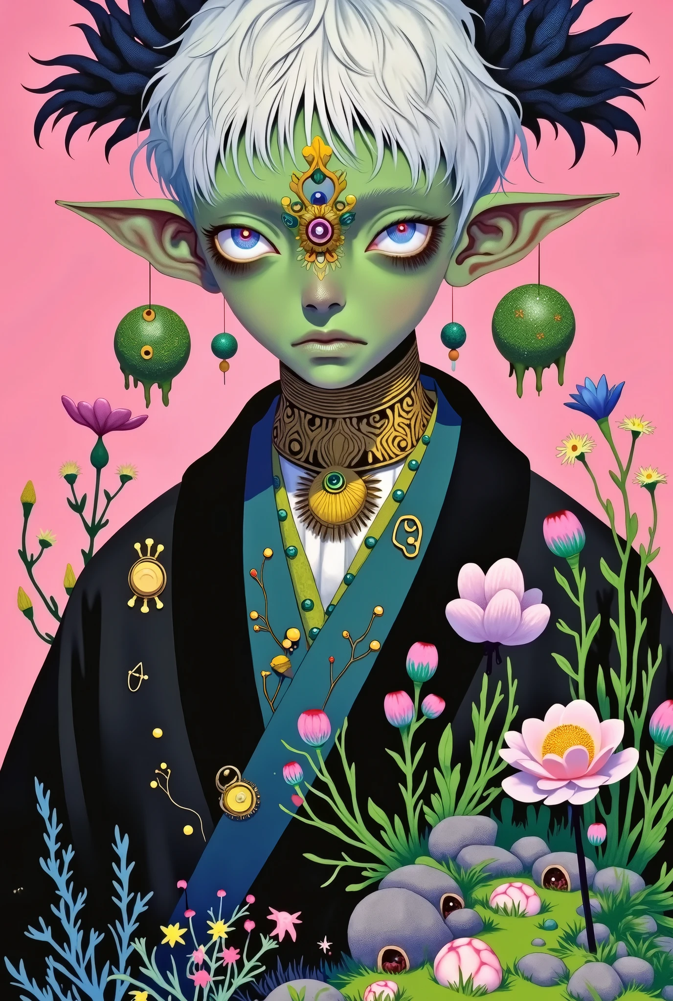 Japanese Anime,Second Dimension, horror style,Horror Character,(((Three-eyed boy,solo,The third eye on the forehead,Dark eyeshadow, short white hair,Elf ears, Green Skin ,exaggerated golden crown eyeball decoration))),((( Japanese costume ))).(((Thin waist,Green belt:1.6))).Pure pink background